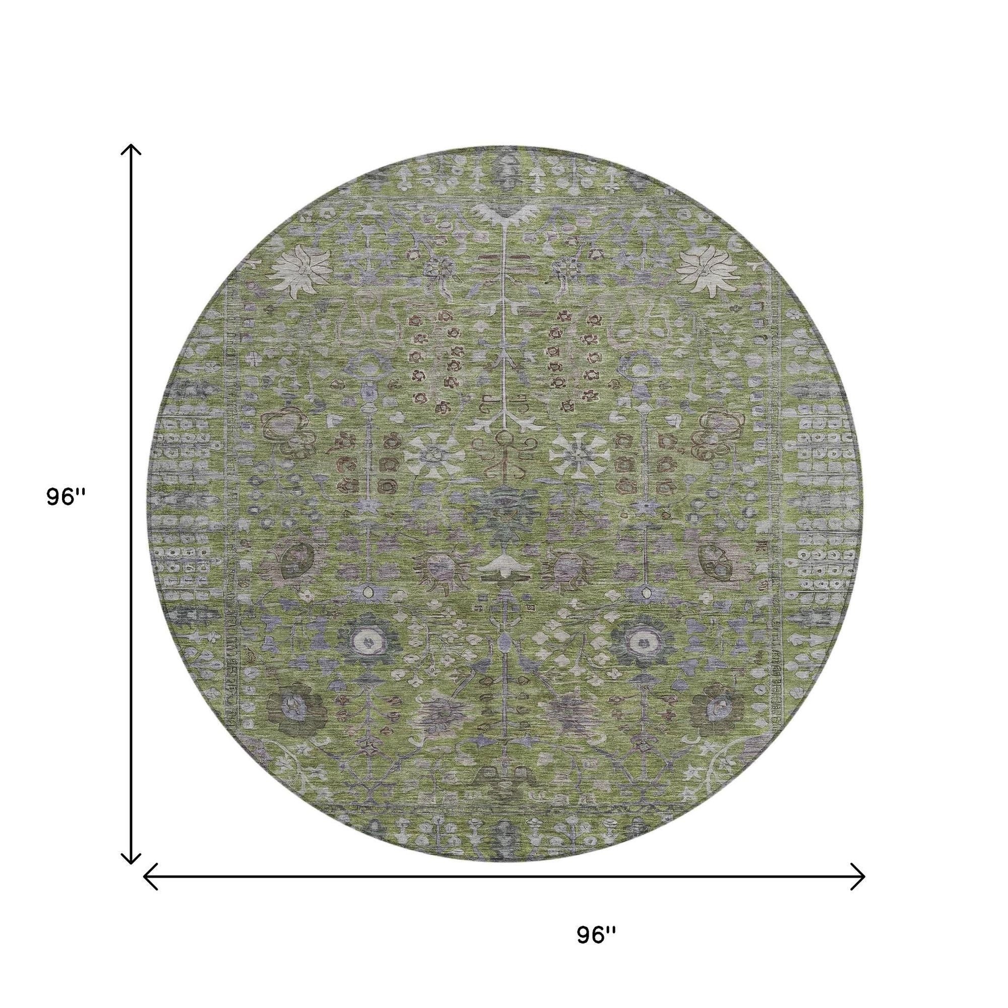 8' Artichoke Green And Gray Round Floral Washable Indoor Outdoor Area Rug - Sports & Outdoor
