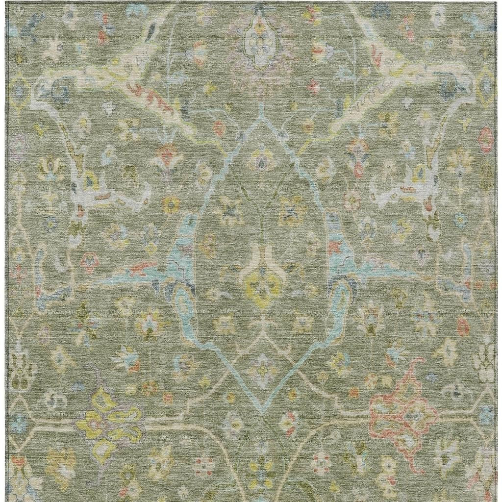 10' X 14' Artichoke Green Gold And Copper Floral Washable Indoor Outdoor Area Rug - Sports & Outdoor