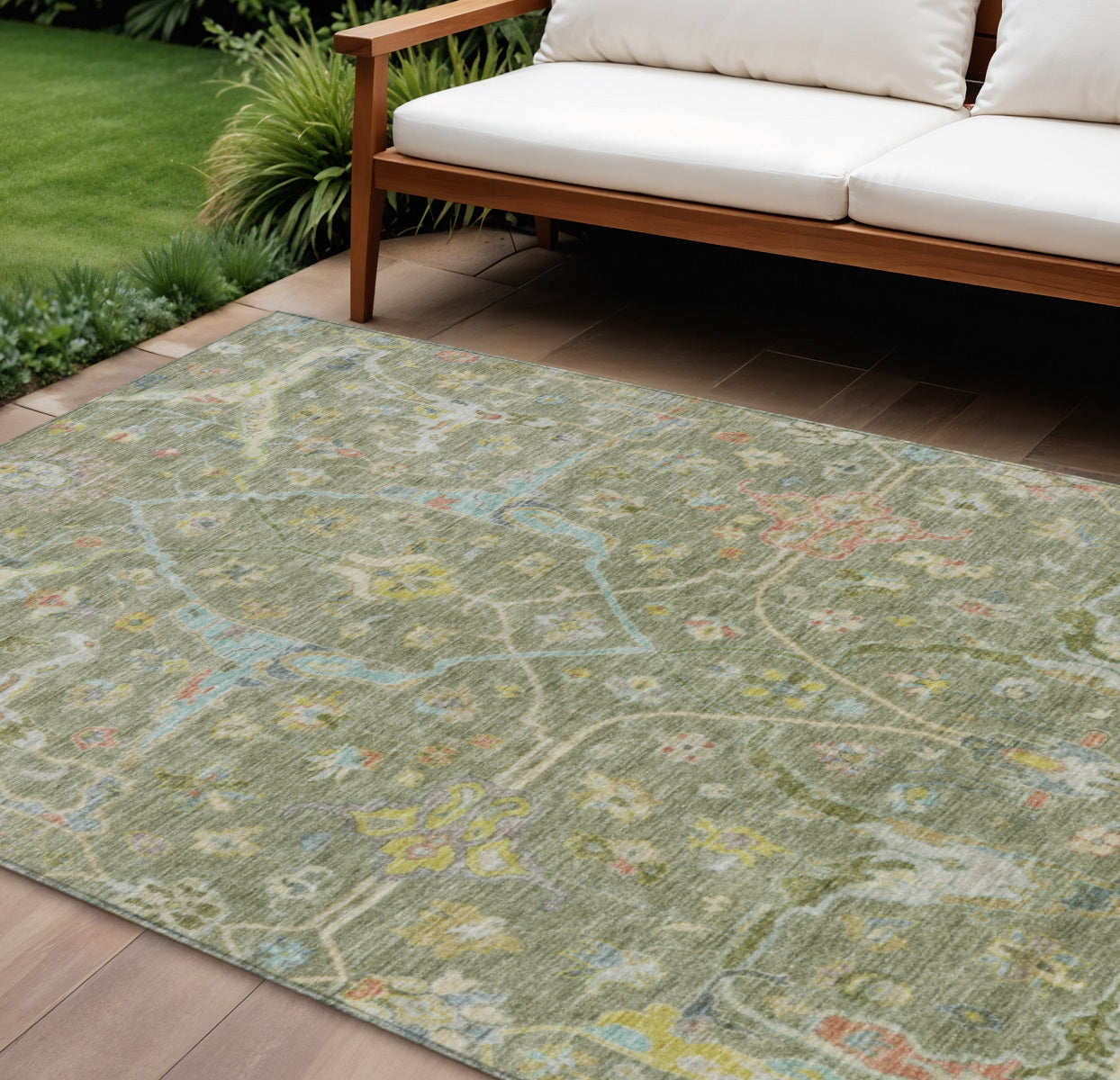 10' X 14' Artichoke Green Gold And Copper Floral Washable Indoor Outdoor Area Rug - Sports & Outdoor