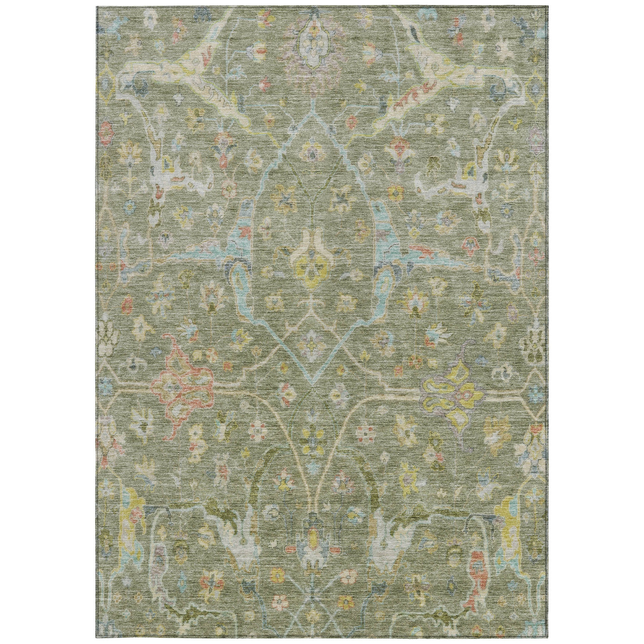 10' X 14' Artichoke Green Gold And Copper Floral Washable Indoor Outdoor Area Rug - Sports & Outdoor