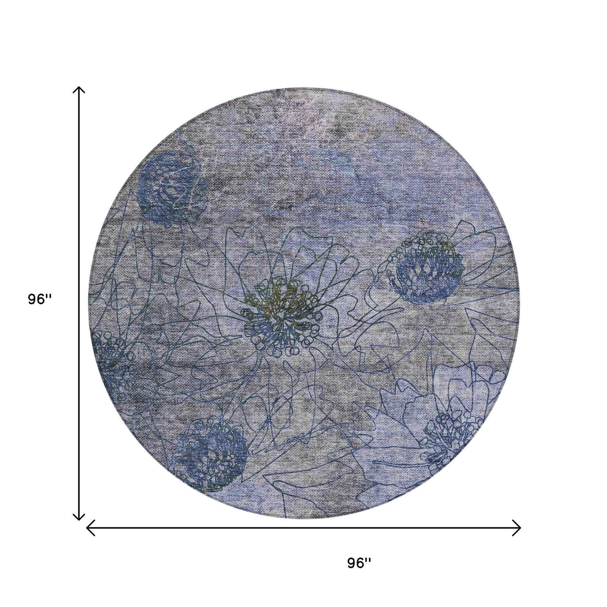 8' Gray And Lavender Round Floral Washable Indoor Outdoor Area Rug