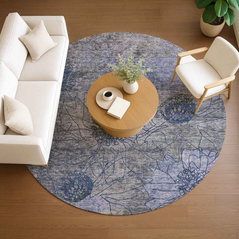 8' Gray And Lavender Round Floral Washable Indoor Outdoor Area Rug