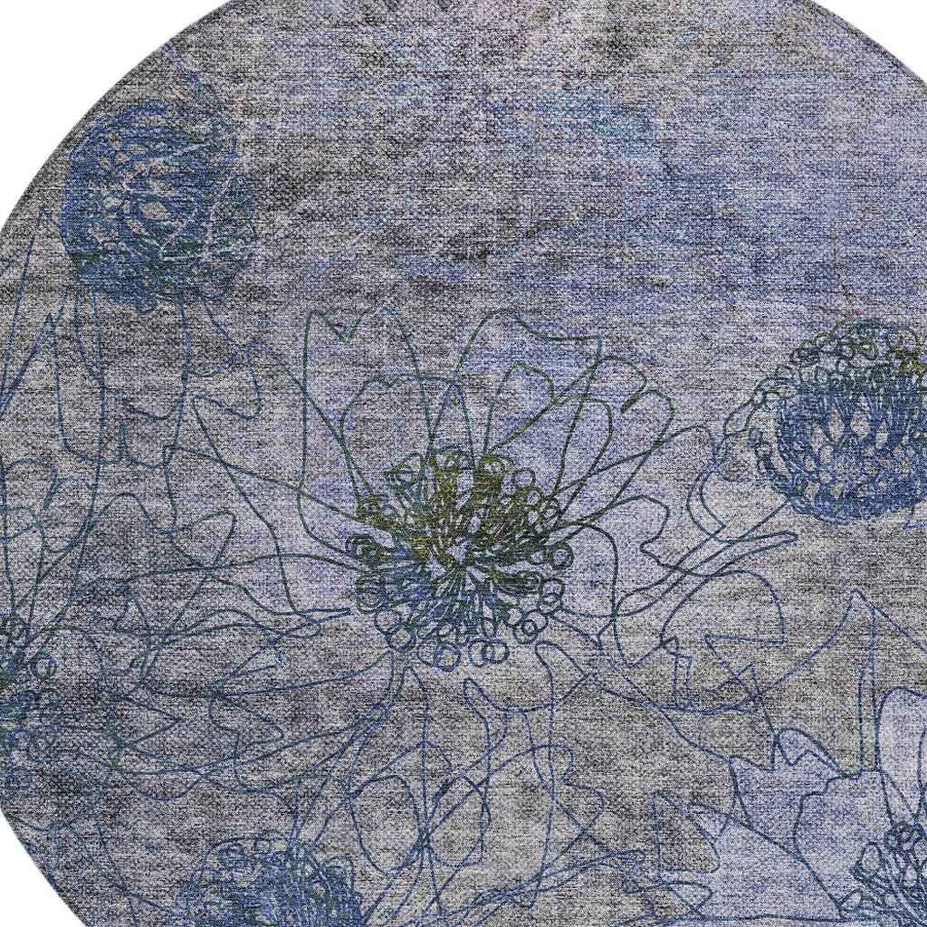 8' Gray And Lavender Round Floral Washable Indoor Outdoor Area Rug