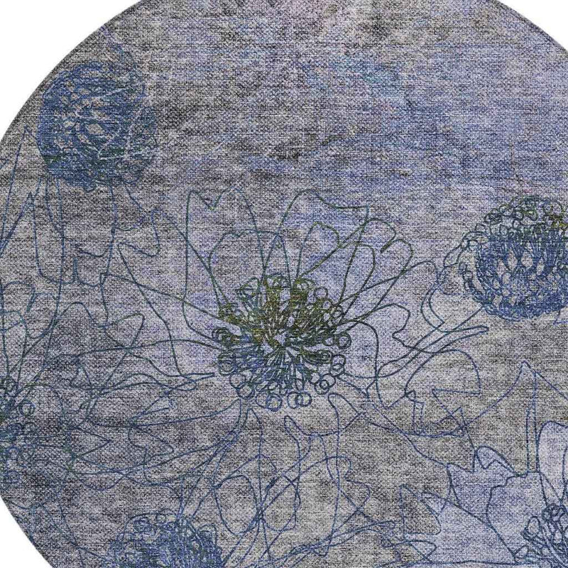 8' Gray And Lavender Round Floral Washable Indoor Outdoor Area Rug