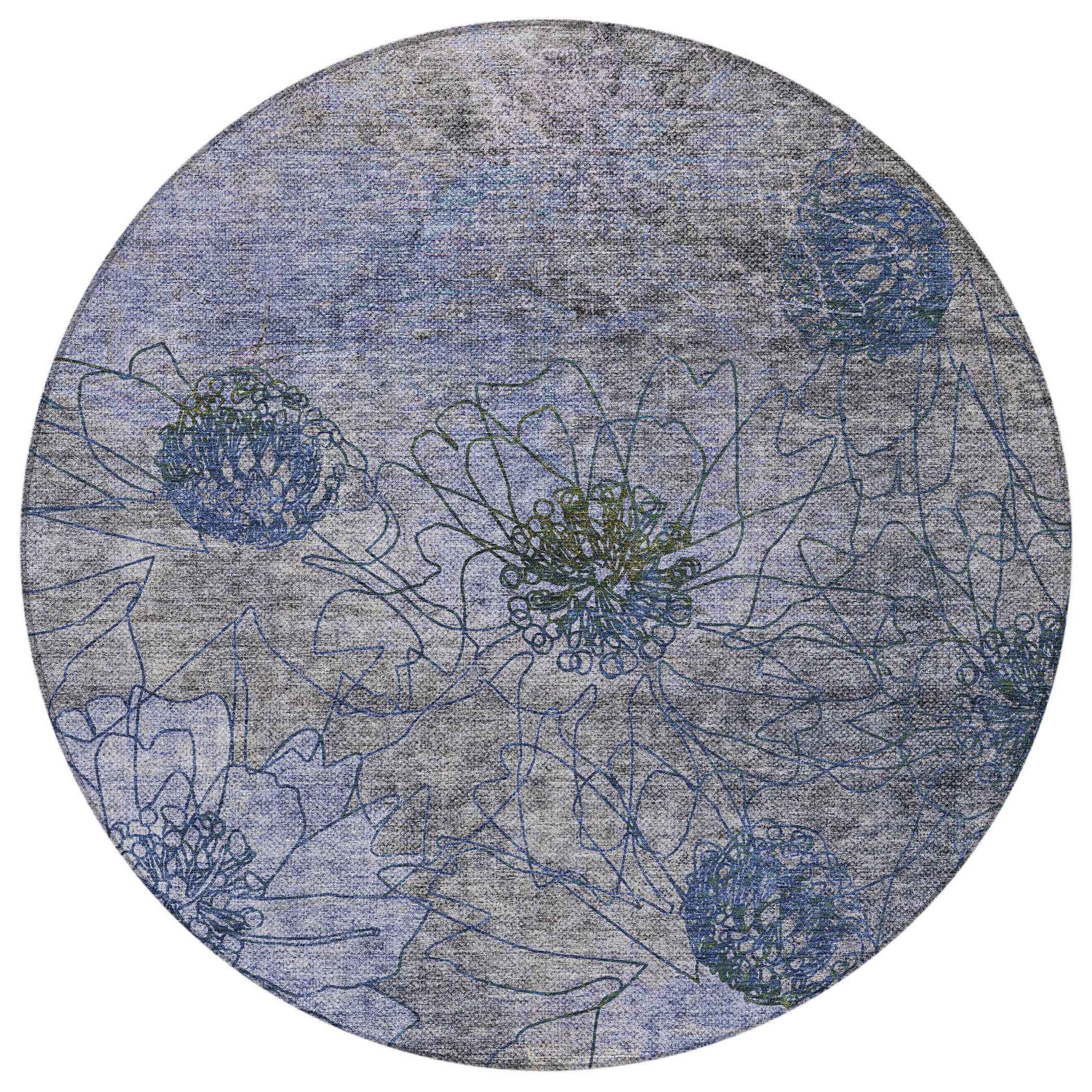 8' Gray And Lavender Round Floral Washable Indoor Outdoor Area Rug