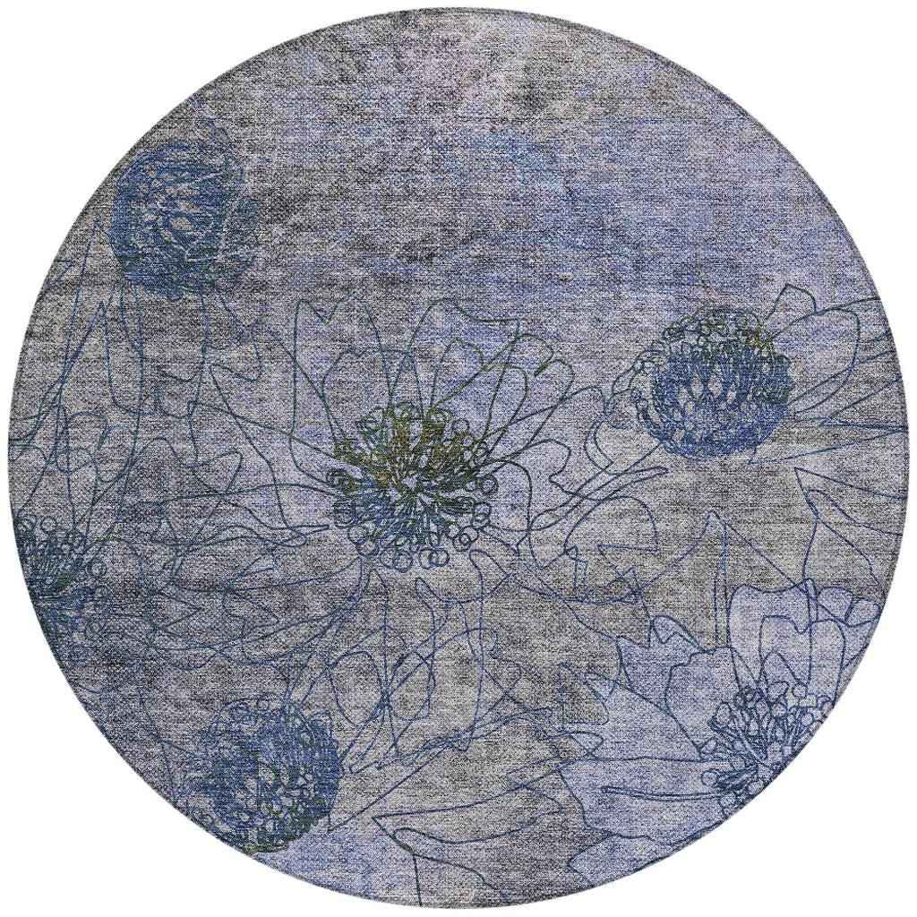 8' Gray And Lavender Round Floral Washable Indoor Outdoor Area Rug