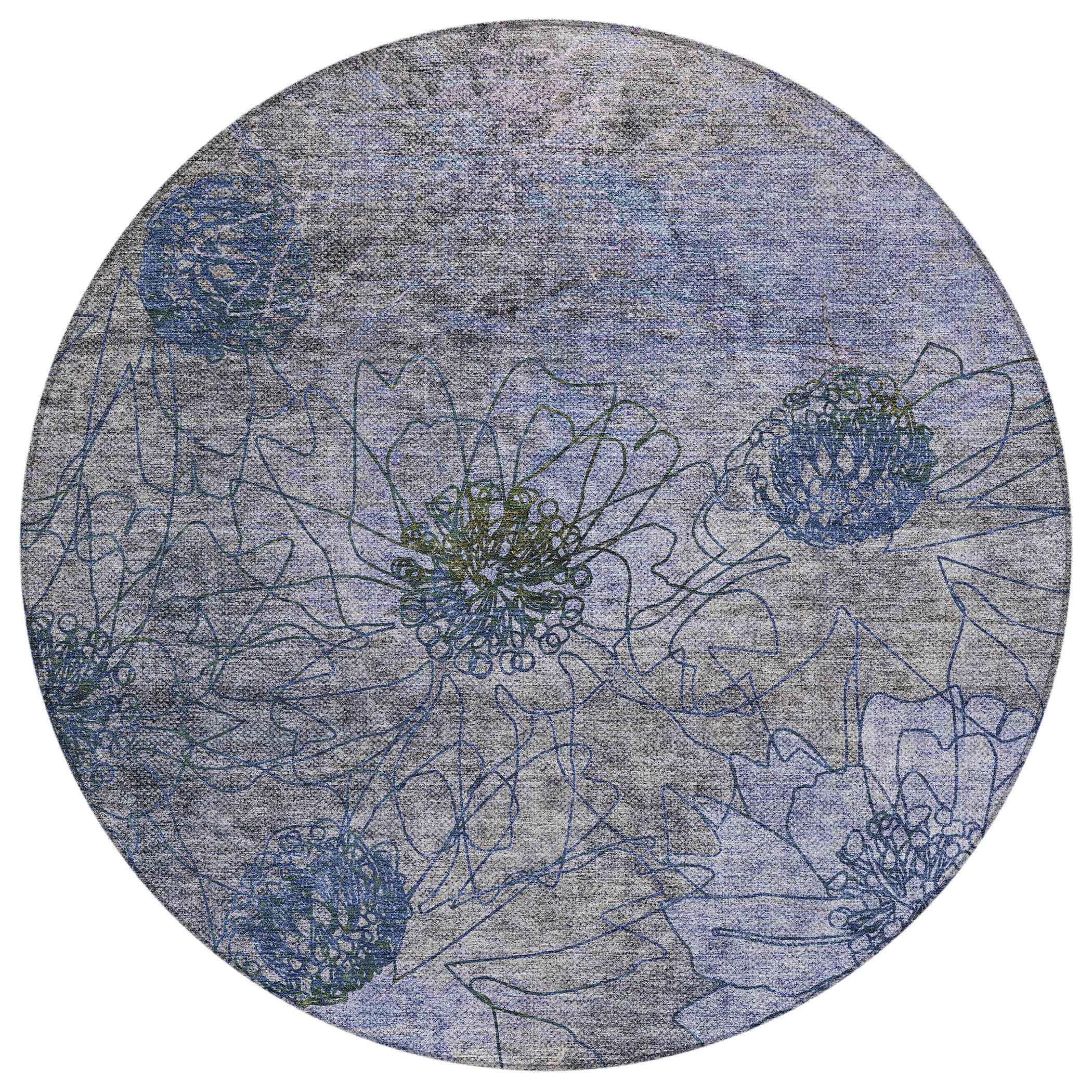 8' Gray And Lavender Round Floral Washable Indoor Outdoor Area Rug