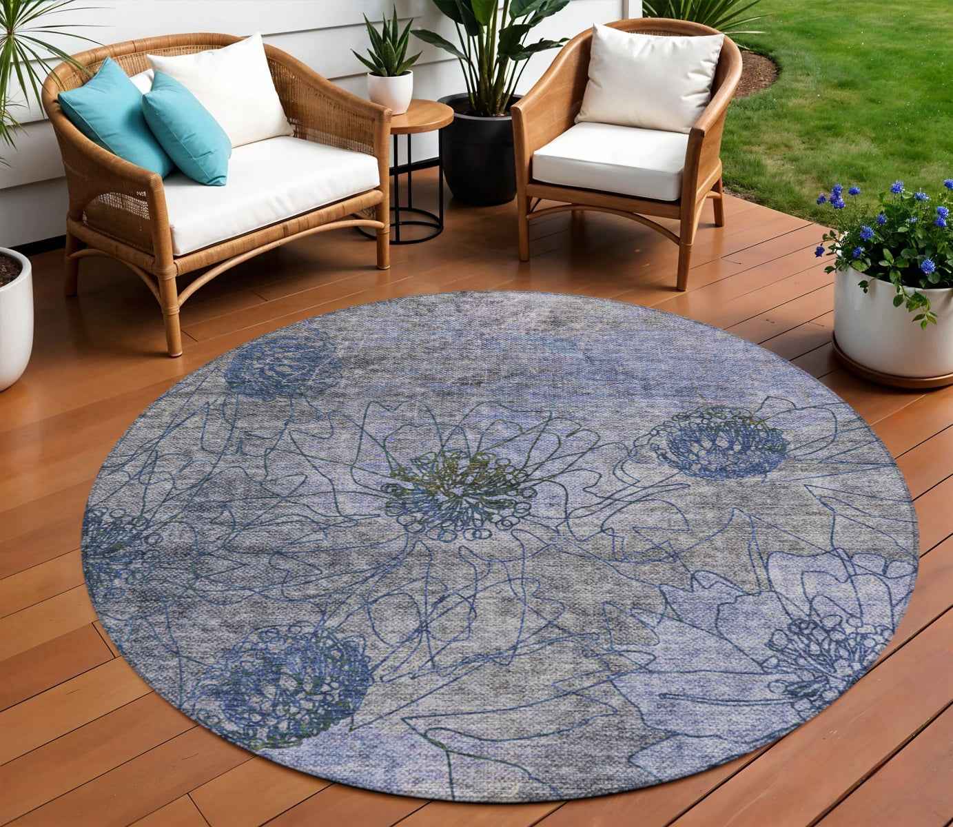 8' Gray And Lavender Round Floral Washable Indoor Outdoor Area Rug