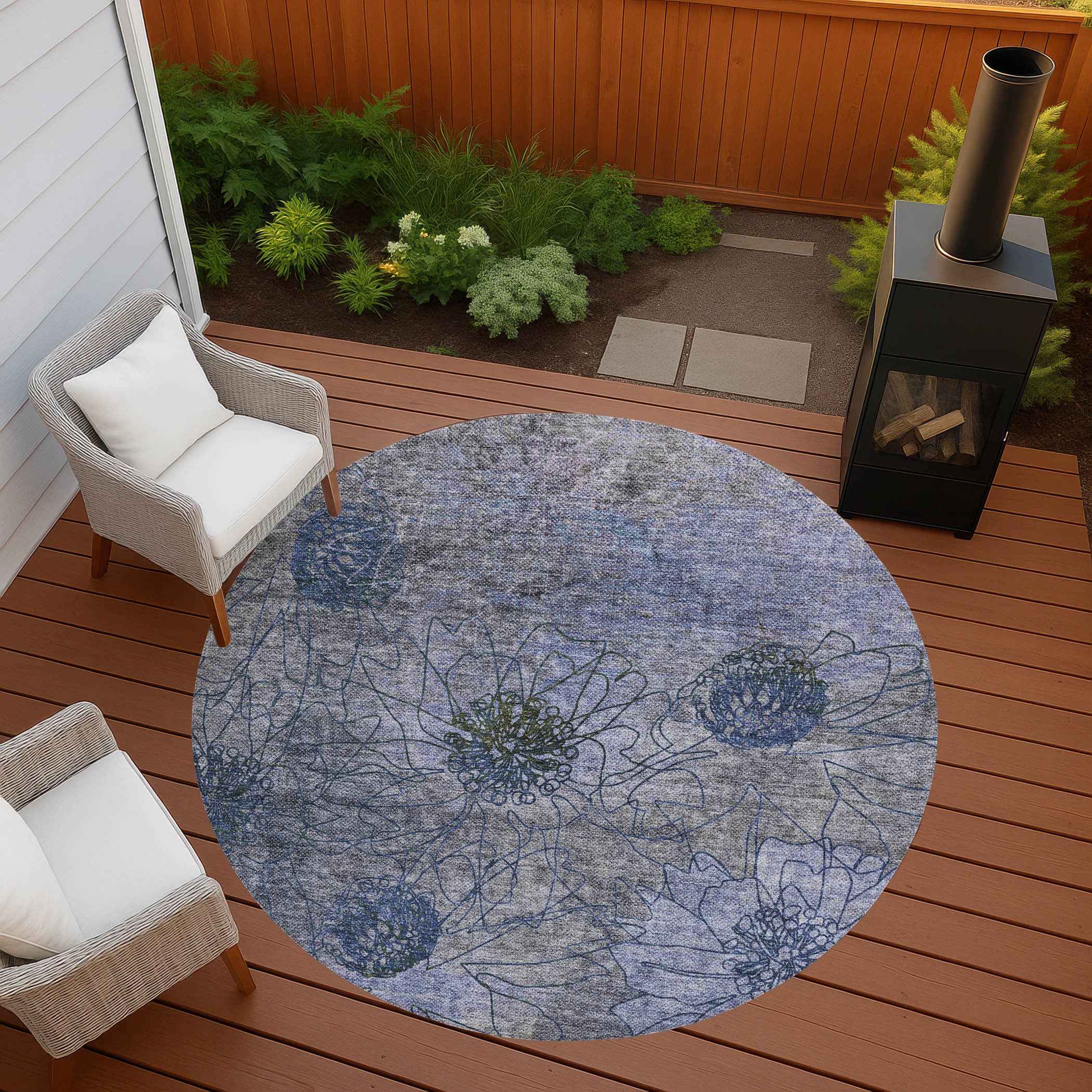 8' Gray And Lavender Round Floral Washable Indoor Outdoor Area Rug
