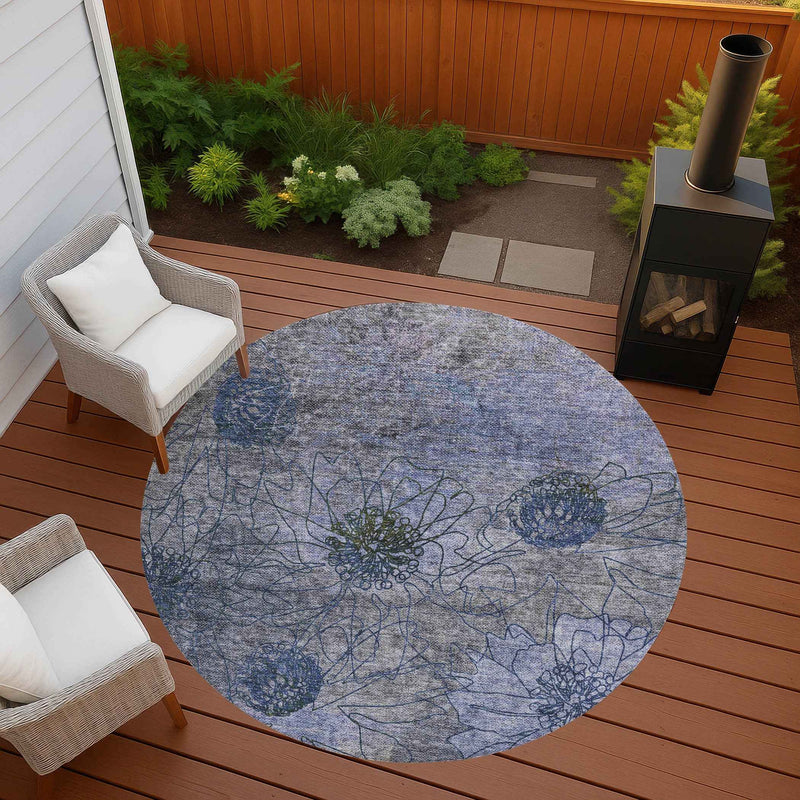 8' Gray And Lavender Round Floral Washable Indoor Outdoor Area Rug