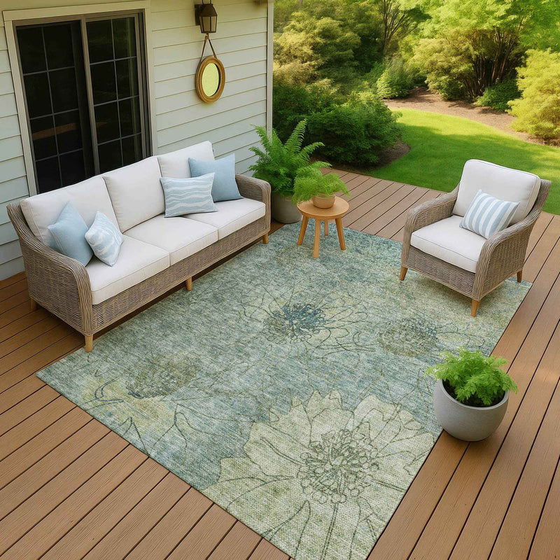 3' X 5' Pale Aqua And Wheat Floral Washable Indoor Outdoor Area Rug