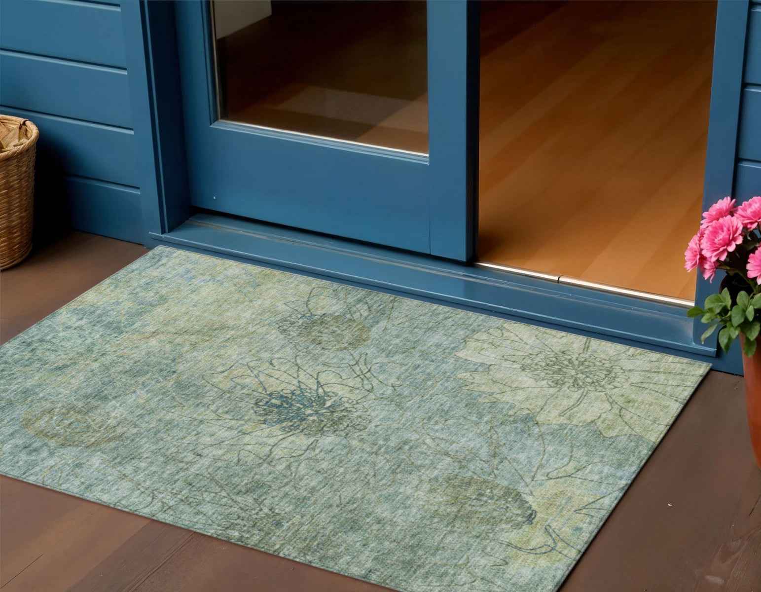 3' X 5' Pale Aqua And Wheat Floral Washable Indoor Outdoor Area Rug