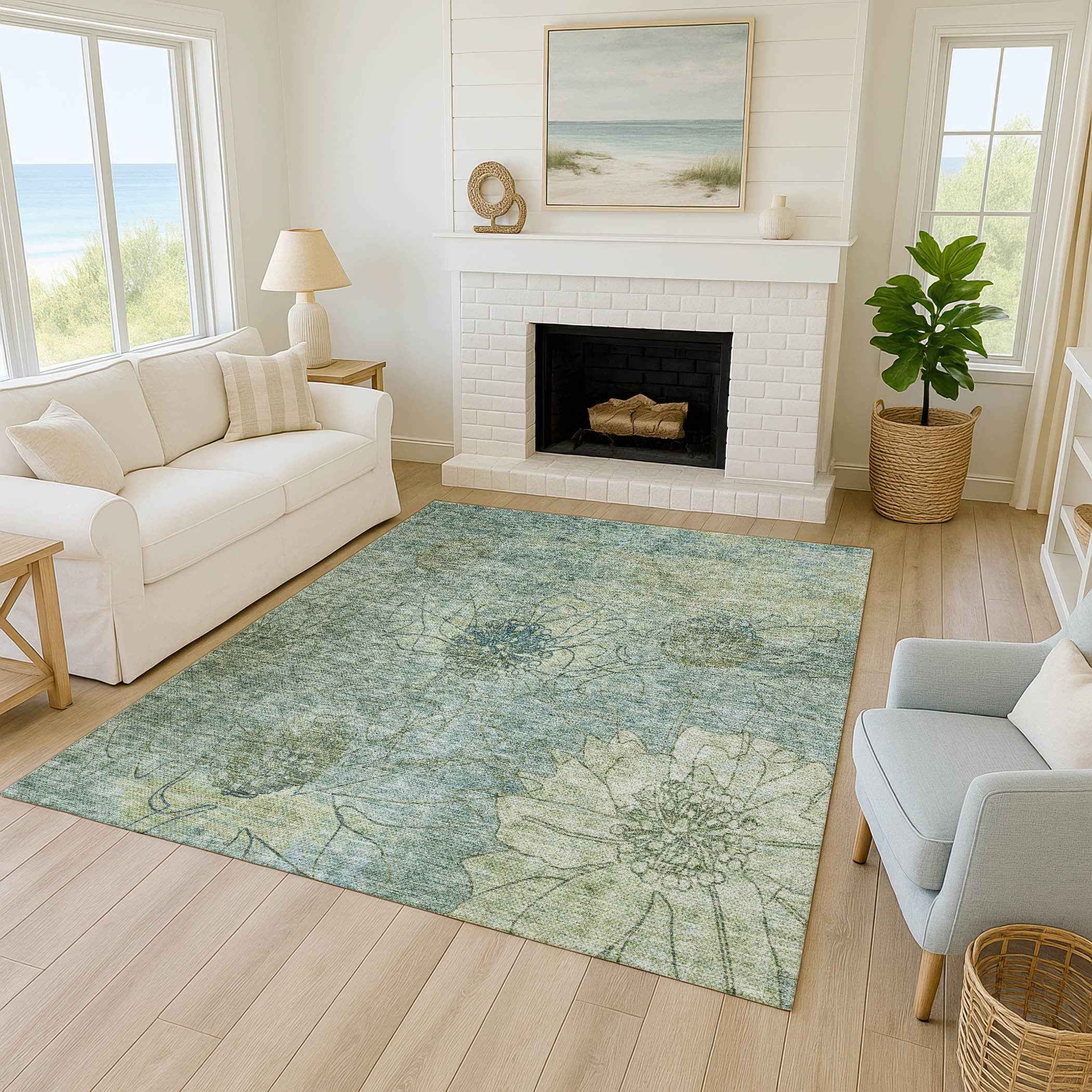 3' X 5' Pale Aqua And Wheat Floral Washable Indoor Outdoor Area Rug