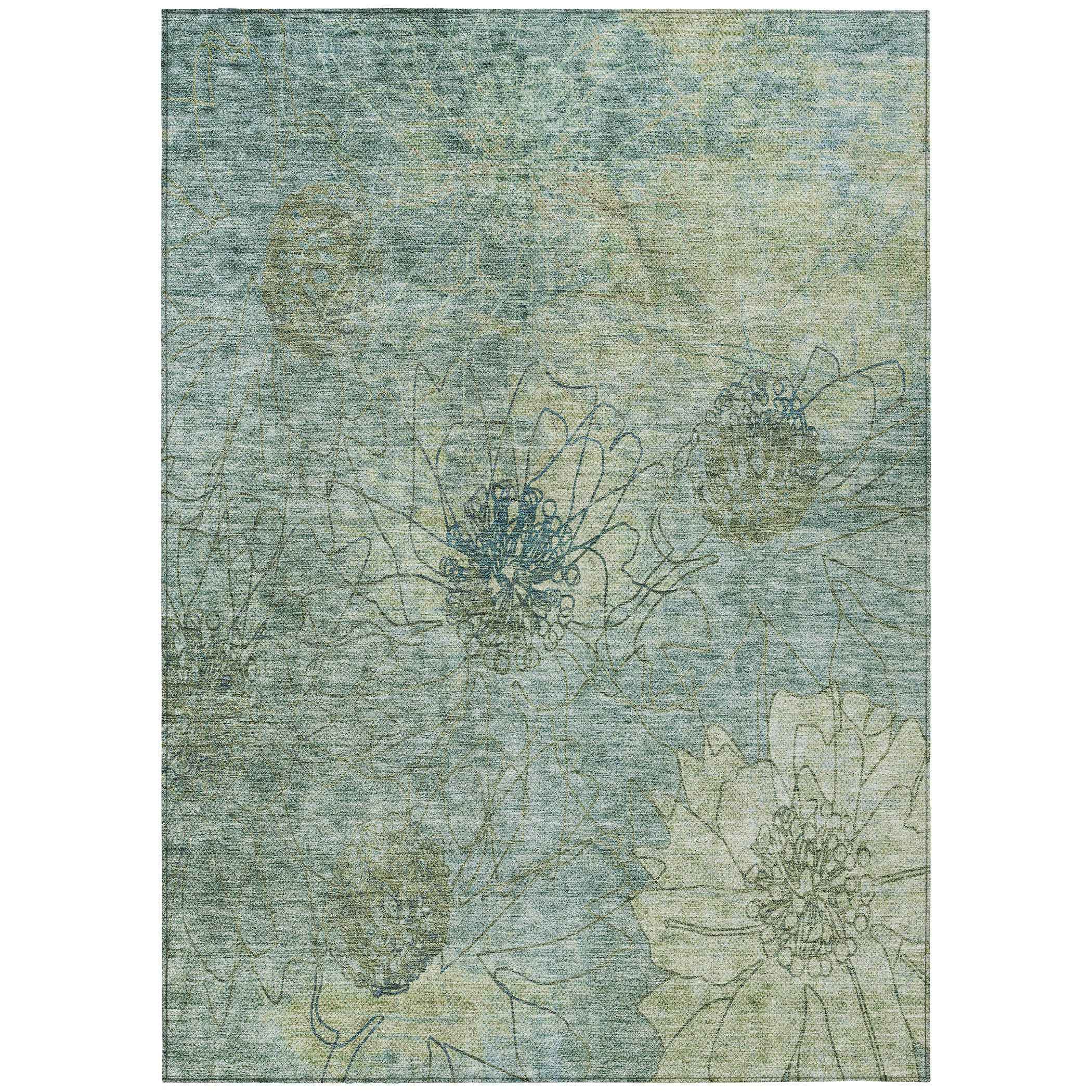 3' X 5' Pale Aqua And Wheat Floral Washable Indoor Outdoor Area Rug