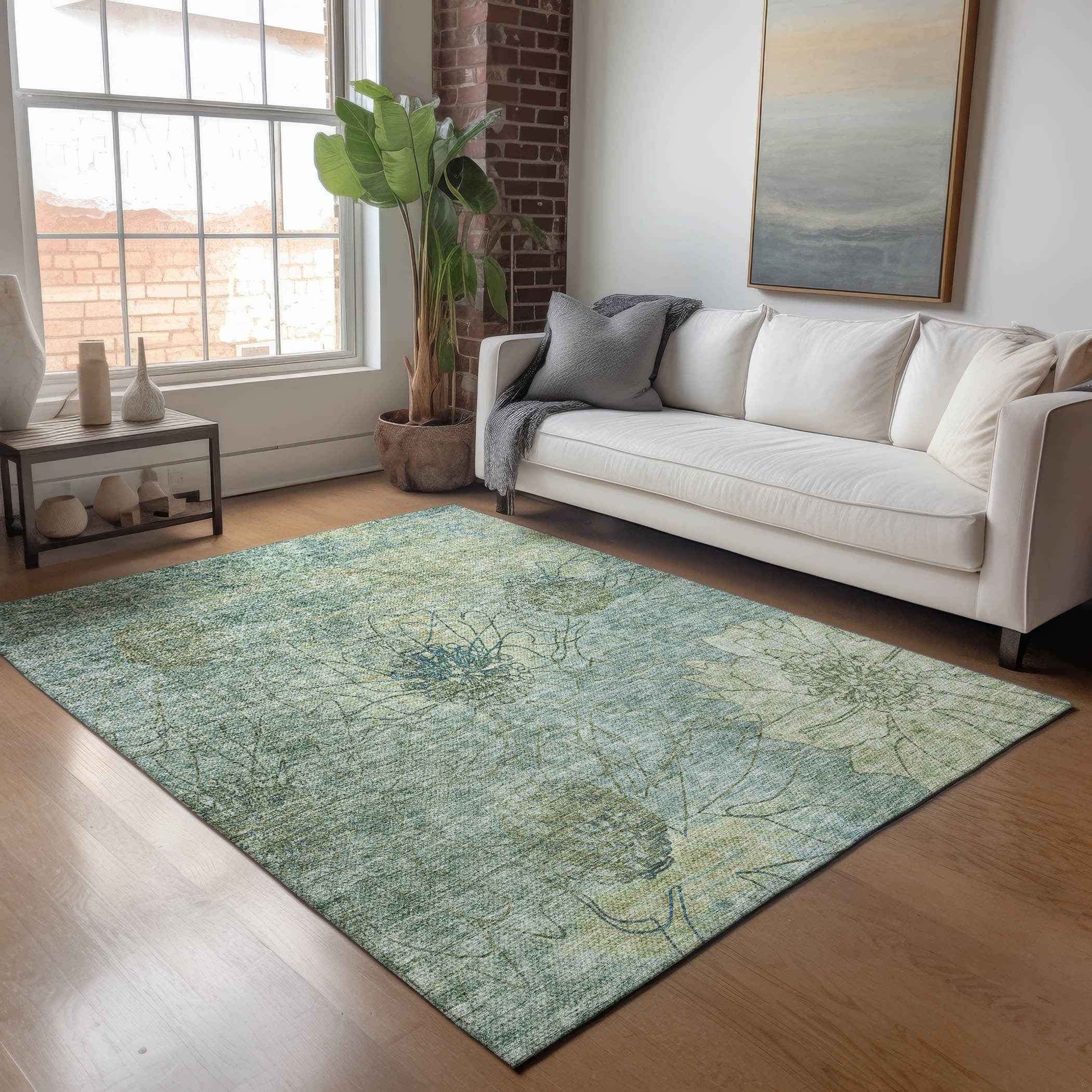 3' X 5' Pale Aqua And Wheat Floral Washable Indoor Outdoor Area Rug