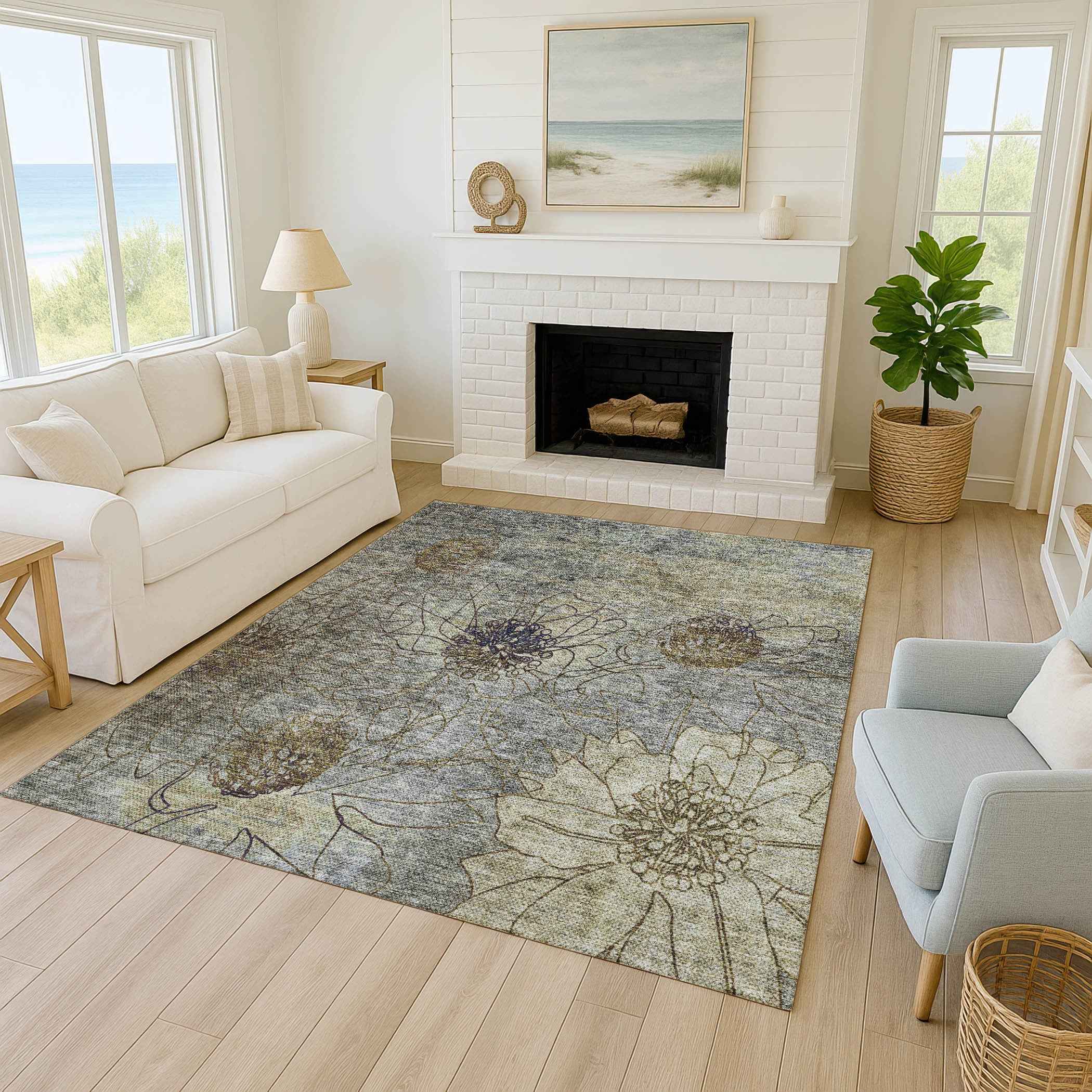 3' X 5' Pewter And Beige Floral Washable Indoor Outdoor Area Rug