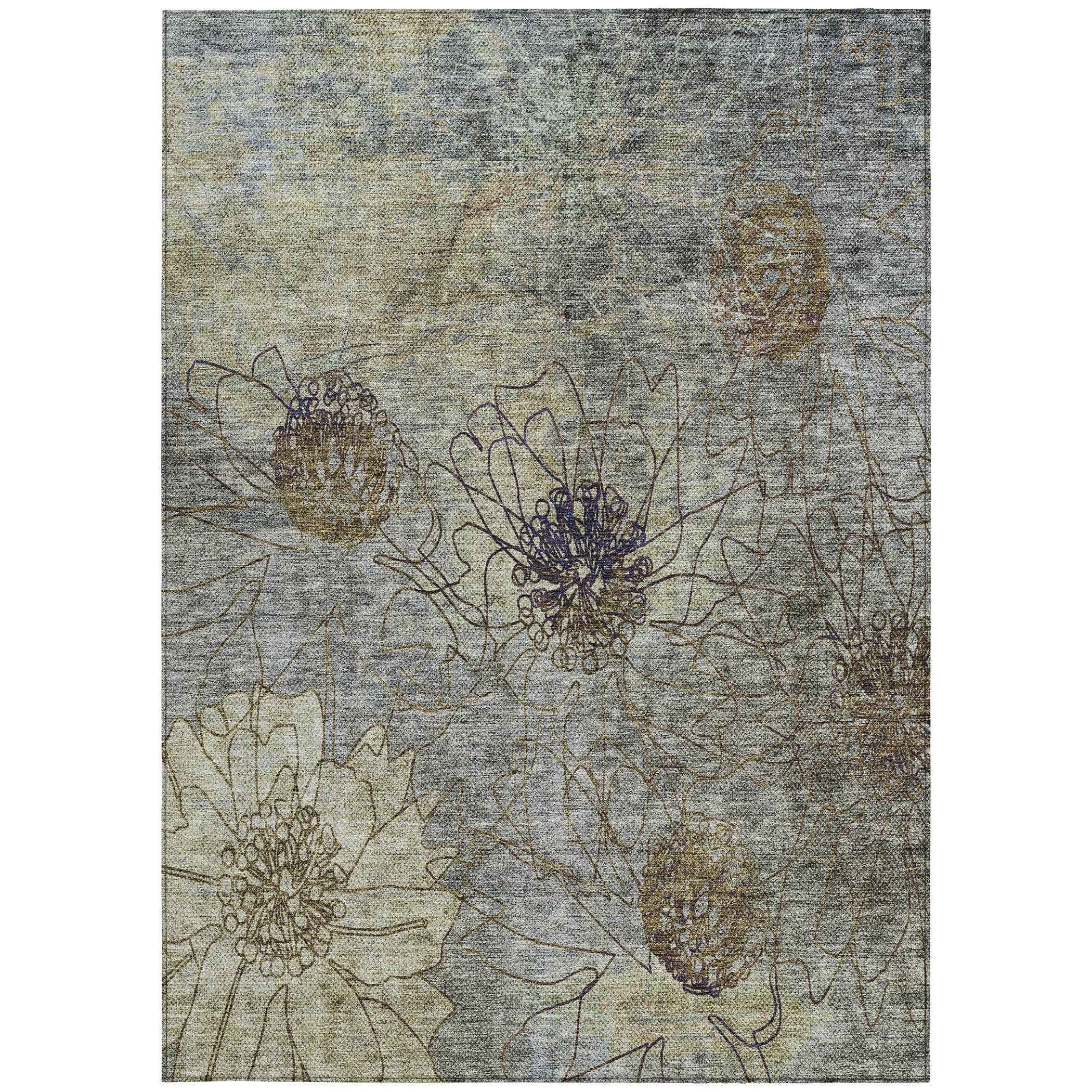 3' X 5' Pewter And Beige Floral Washable Indoor Outdoor Area Rug