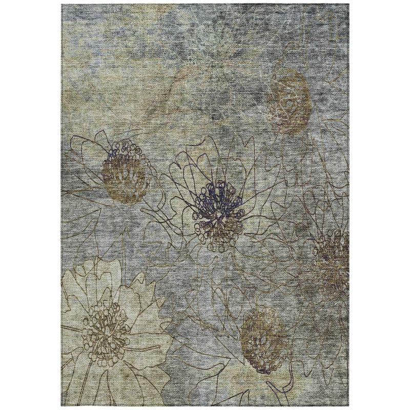 3' X 5' Pewter And Beige Floral Washable Indoor Outdoor Area Rug