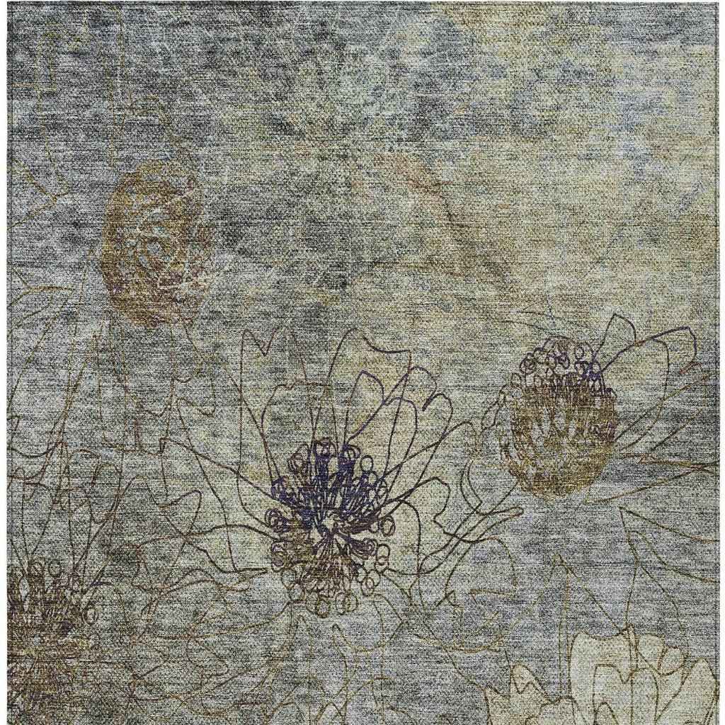 3' X 5' Pewter And Beige Floral Washable Indoor Outdoor Area Rug