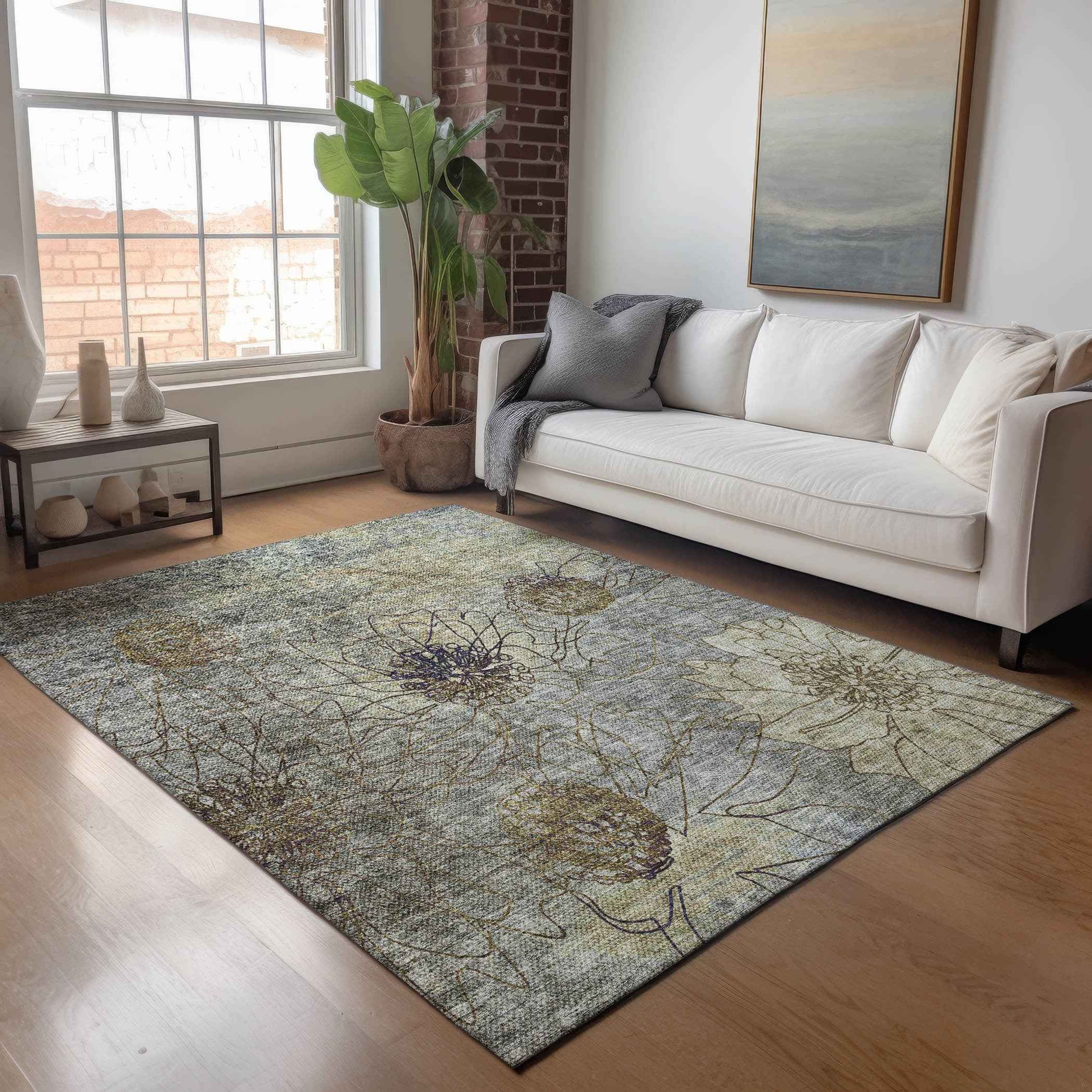 3' X 5' Pewter And Beige Floral Washable Indoor Outdoor Area Rug