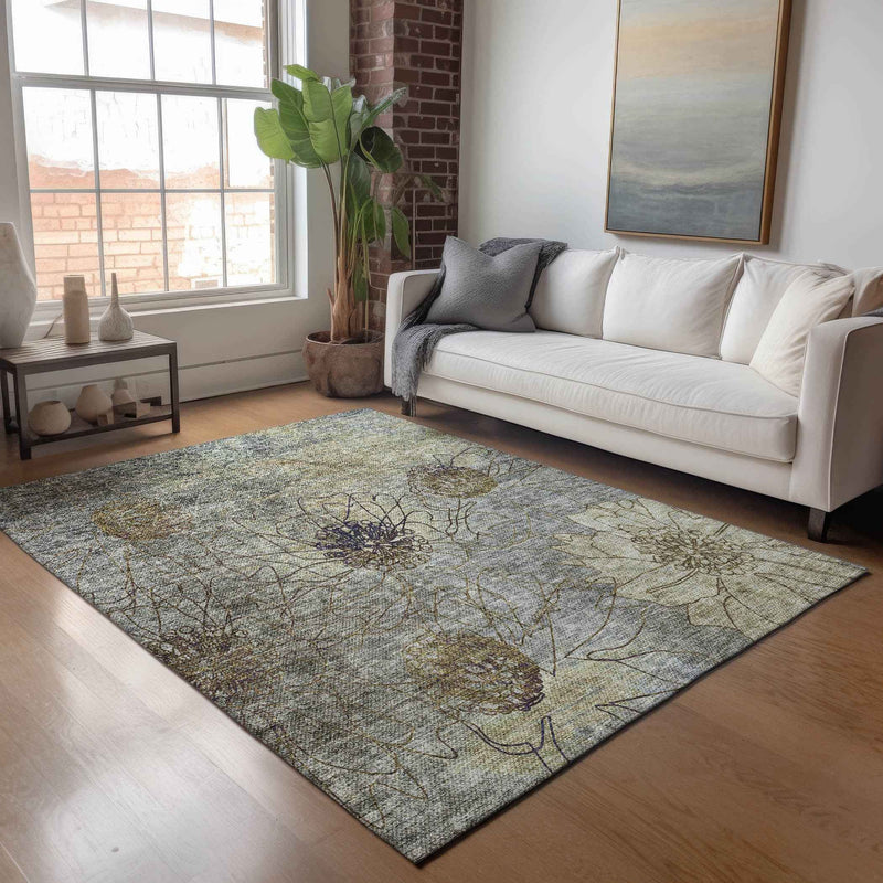 3' X 5' Pewter And Beige Floral Washable Indoor Outdoor Area Rug