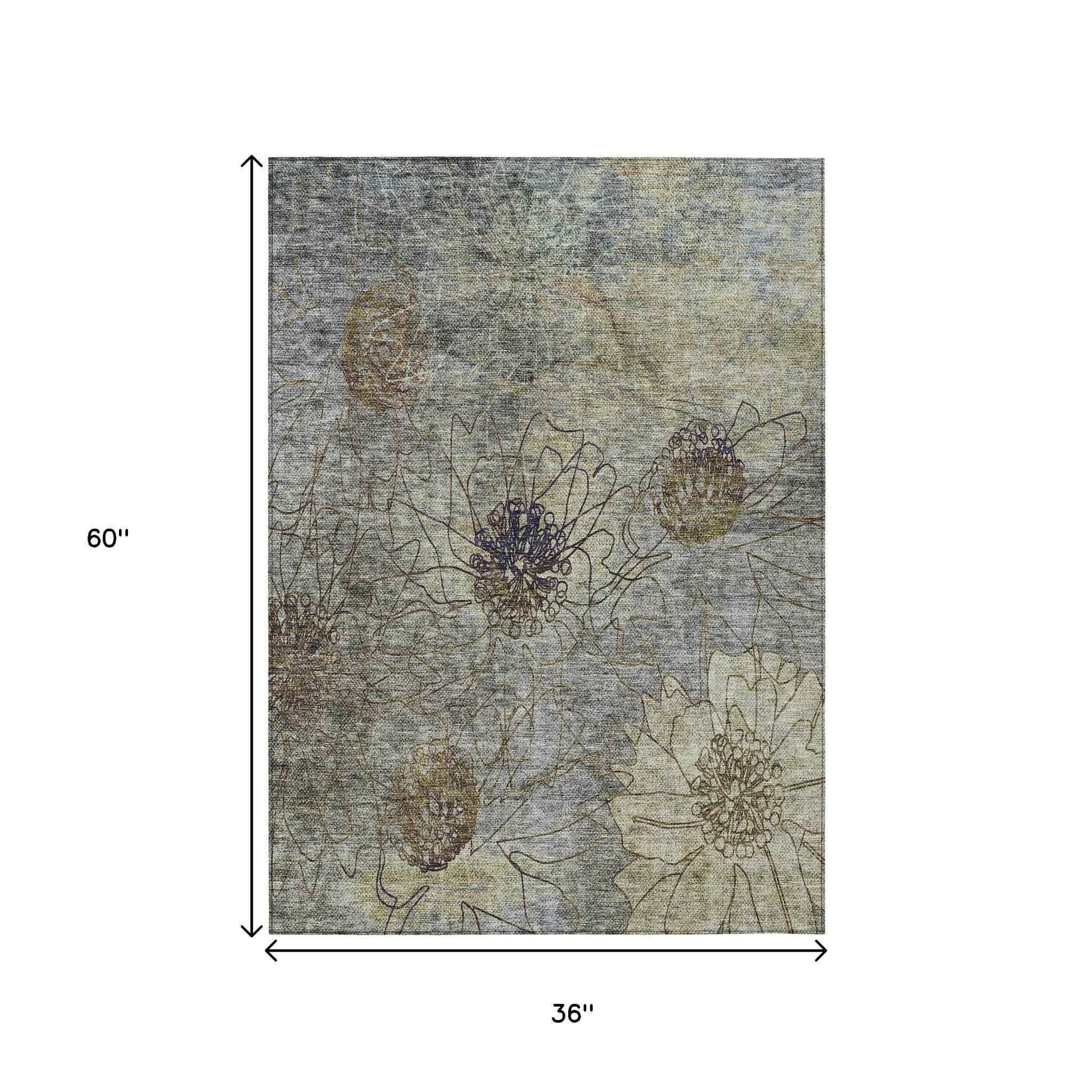 3' X 5' Pewter And Beige Floral Washable Indoor Outdoor Area Rug