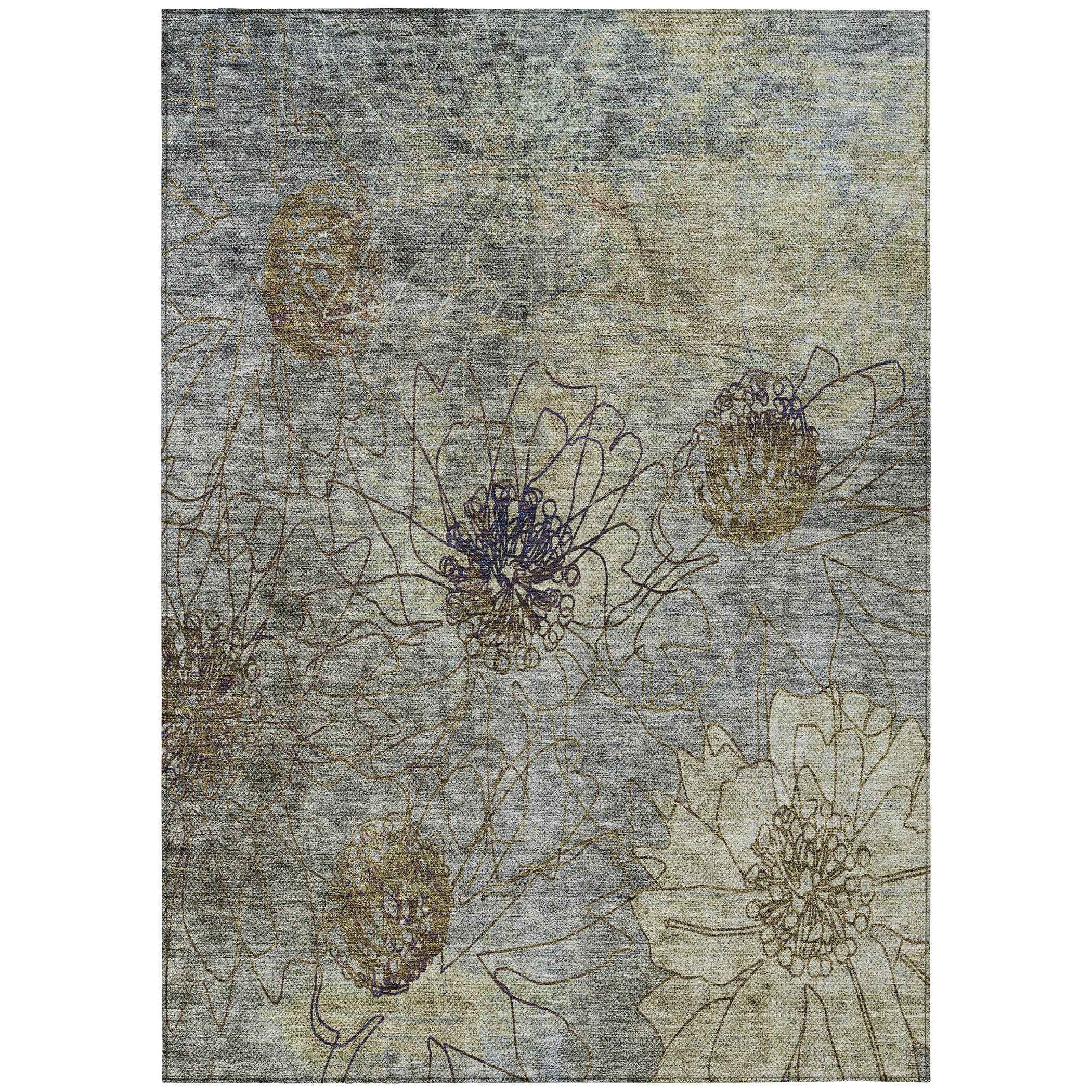 3' X 5' Pewter And Beige Floral Washable Indoor Outdoor Area Rug