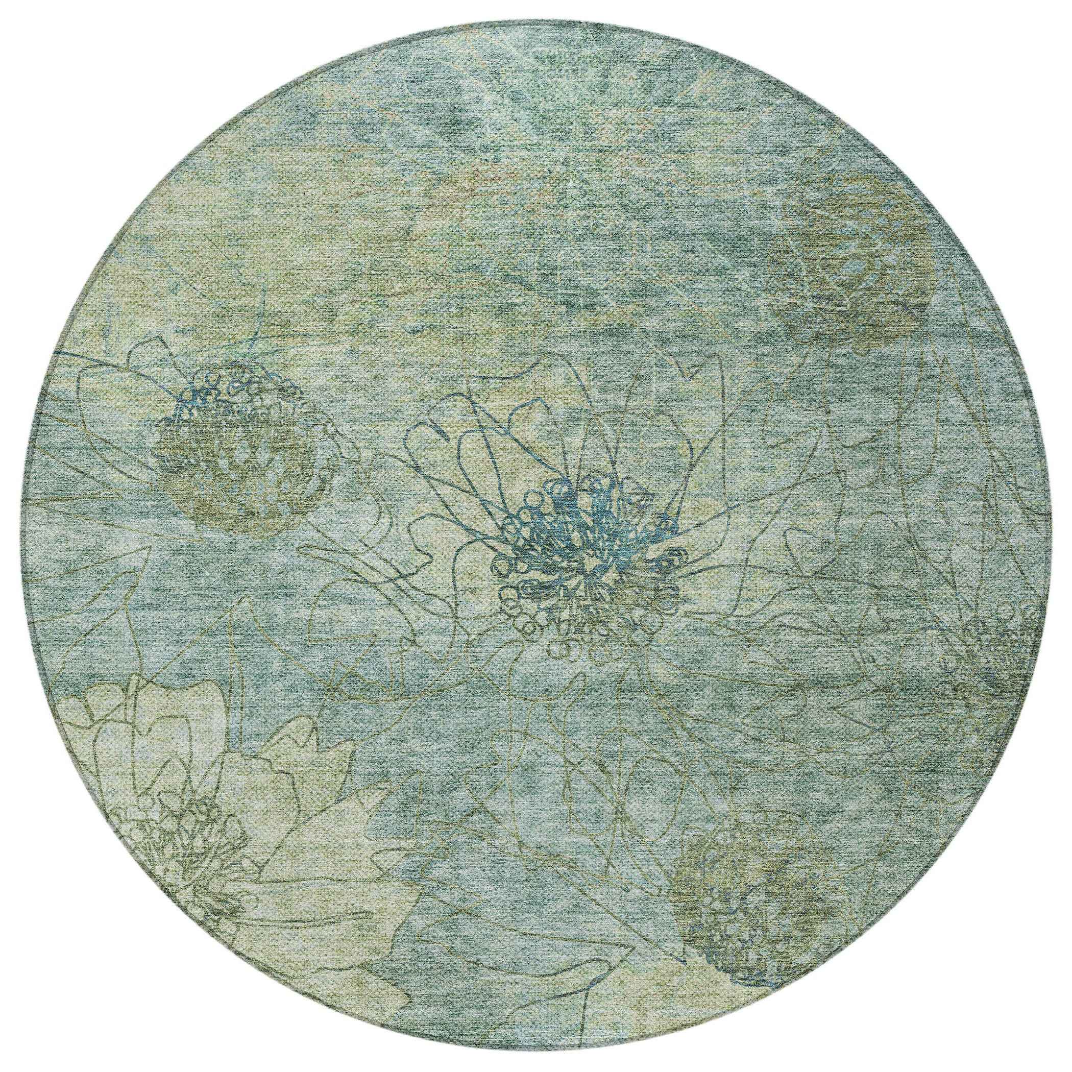 8' Pale Aqua And Wheat Round Floral Washable Indoor Outdoor Area Rug