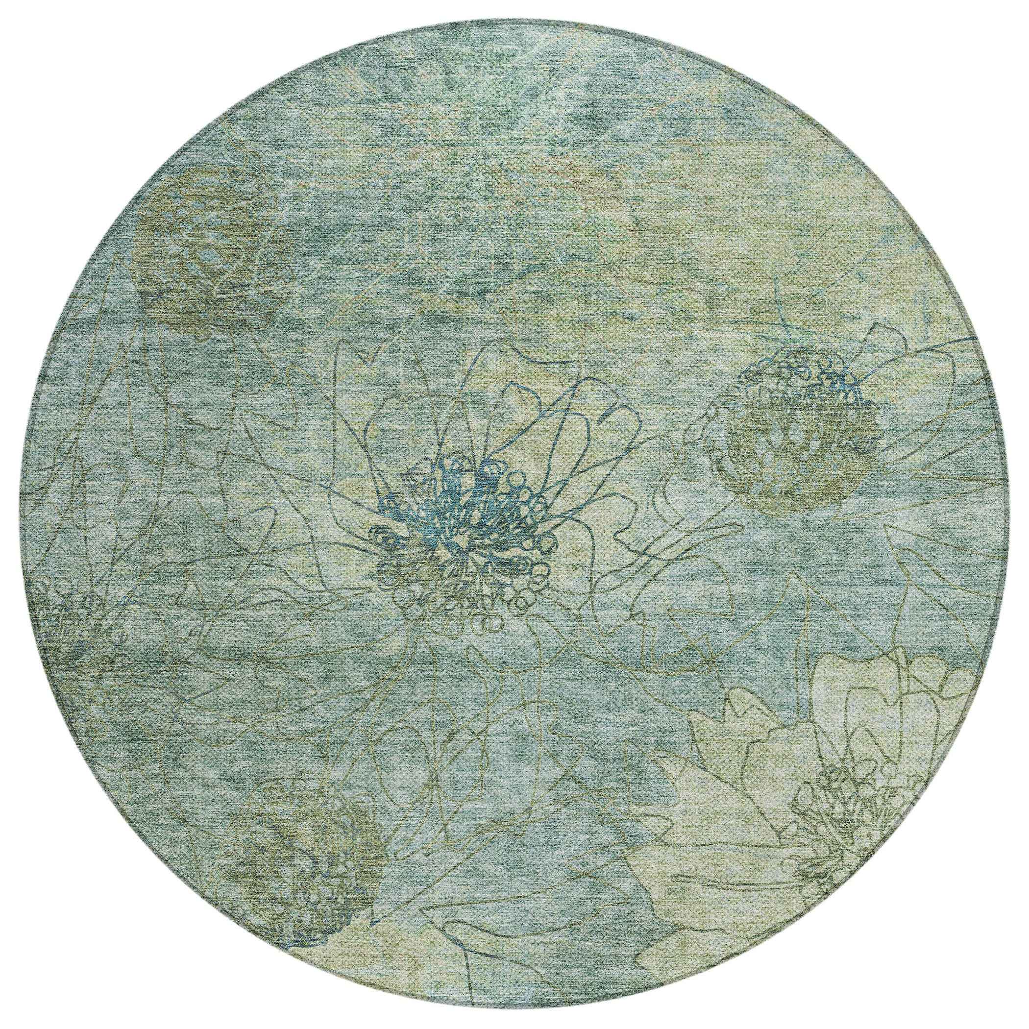 8' Pale Aqua And Wheat Round Floral Washable Indoor Outdoor Area Rug