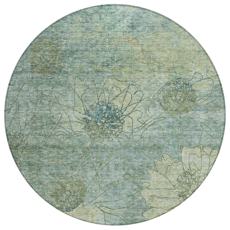 8' Pale Aqua And Wheat Round Floral Washable Indoor Outdoor Area Rug