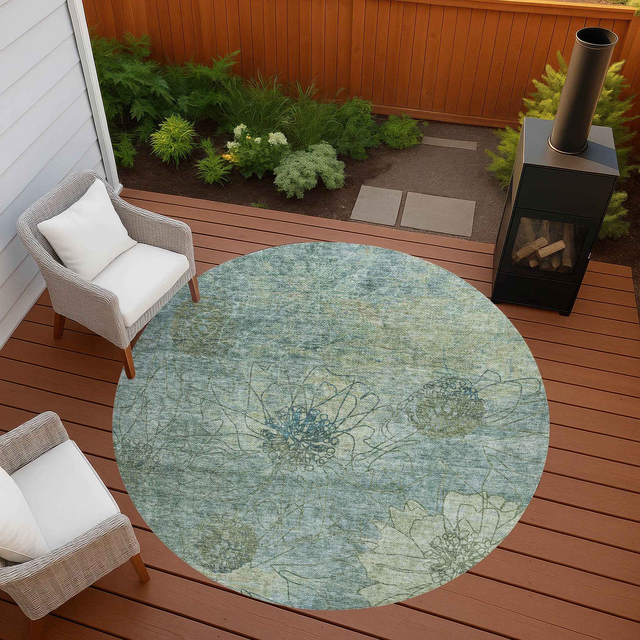 8' Pale Aqua And Wheat Round Floral Washable Indoor Outdoor Area Rug
