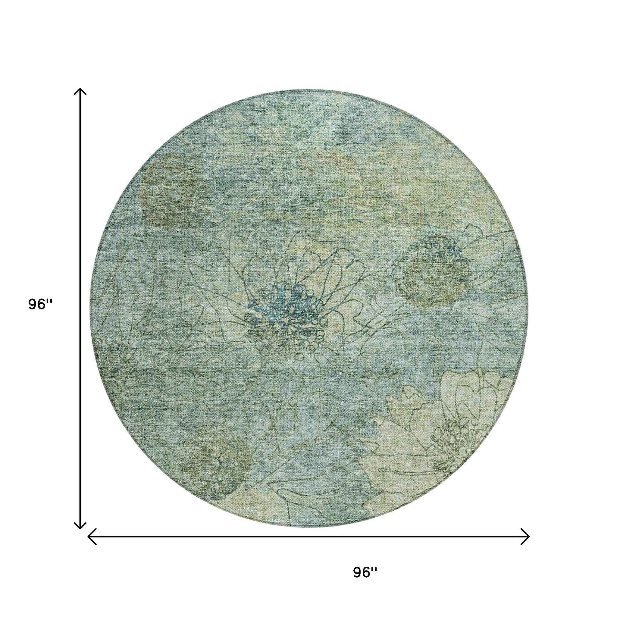 8' Pale Aqua And Wheat Round Floral Washable Indoor Outdoor Area Rug