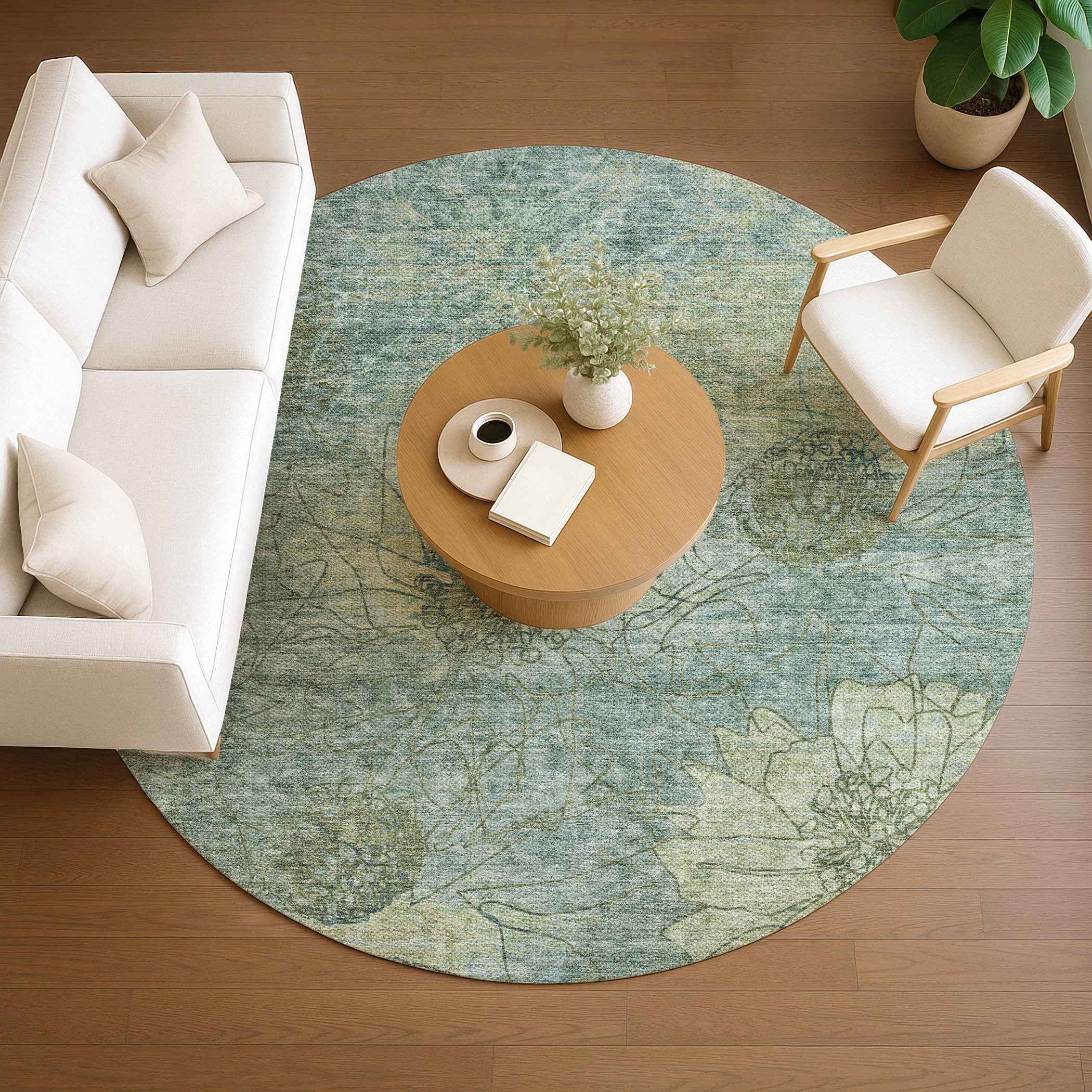 8' Pale Aqua And Wheat Round Floral Washable Indoor Outdoor Area Rug