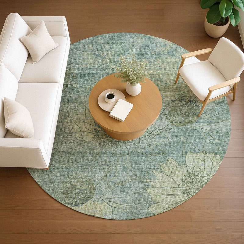 8' Pale Aqua And Wheat Round Floral Washable Indoor Outdoor Area Rug