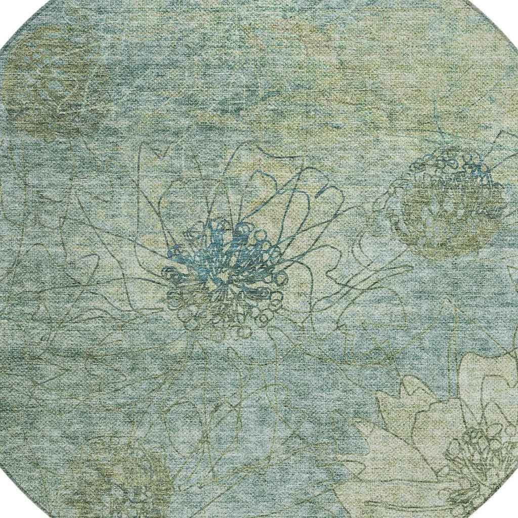 8' Pale Aqua And Wheat Round Floral Washable Indoor Outdoor Area Rug