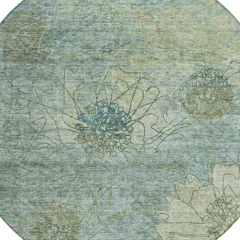 8' Pale Aqua And Wheat Round Floral Washable Indoor Outdoor Area Rug