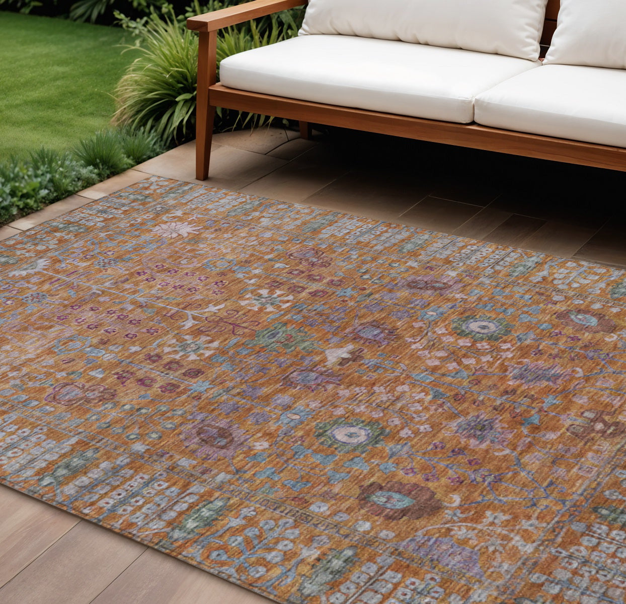 10' X 14' Orange And Green Floral Washable Indoor Outdoor Area Rug - Sports & Outdoor