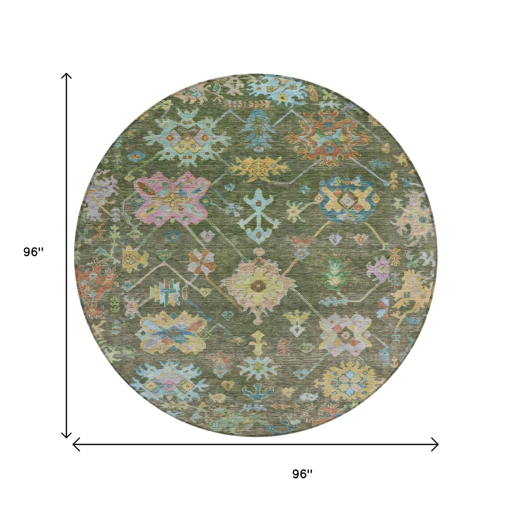 8' Fern Green Pink And Blue Round Floral Washable Indoor Outdoor Area Rug