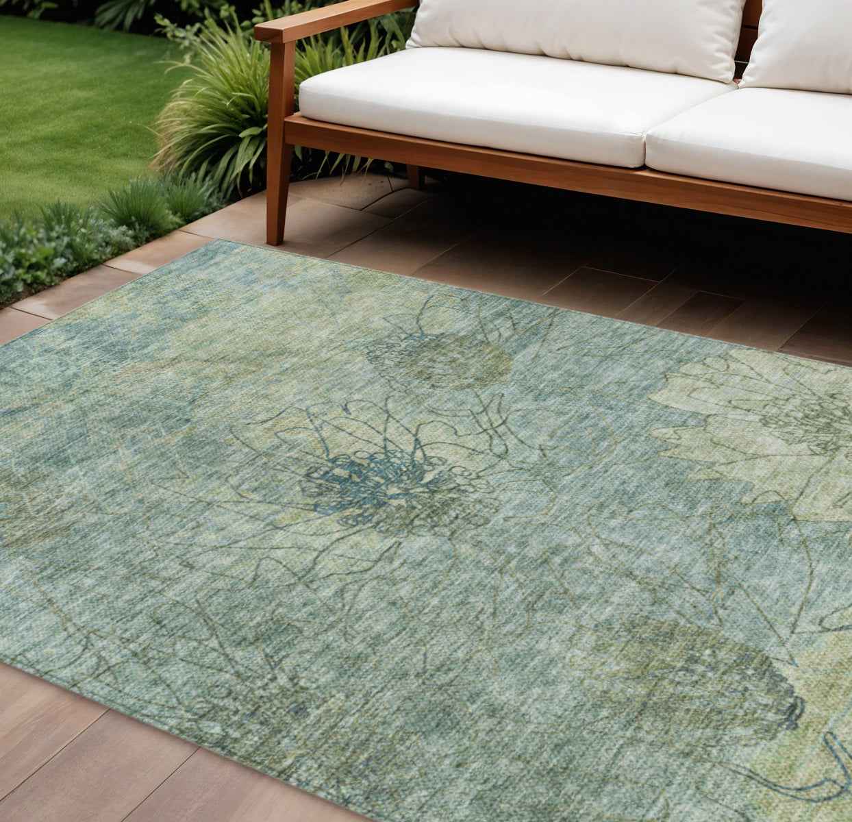 8' X 10' Pale Aqua And Wheat Floral Washable Indoor Outdoor Area Rug