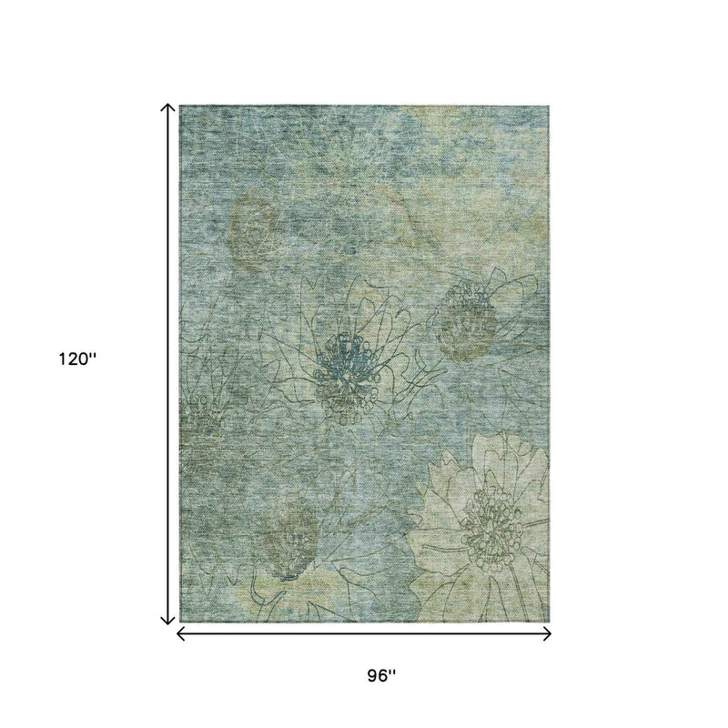 8' X 10' Pale Aqua And Wheat Floral Washable Indoor Outdoor Area Rug