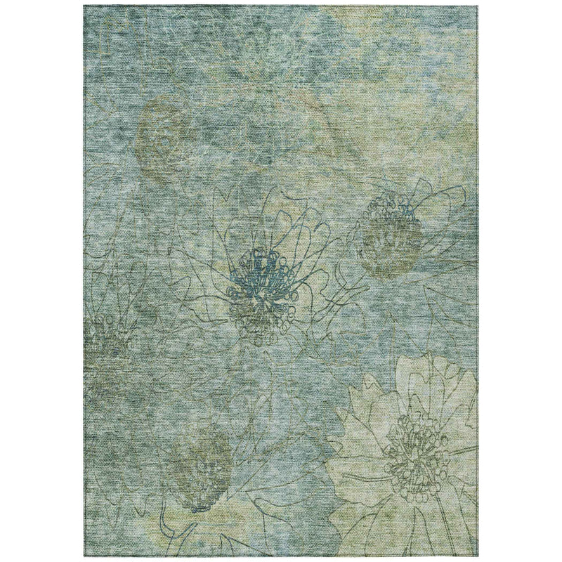 8' X 10' Pale Aqua And Wheat Floral Washable Indoor Outdoor Area Rug
