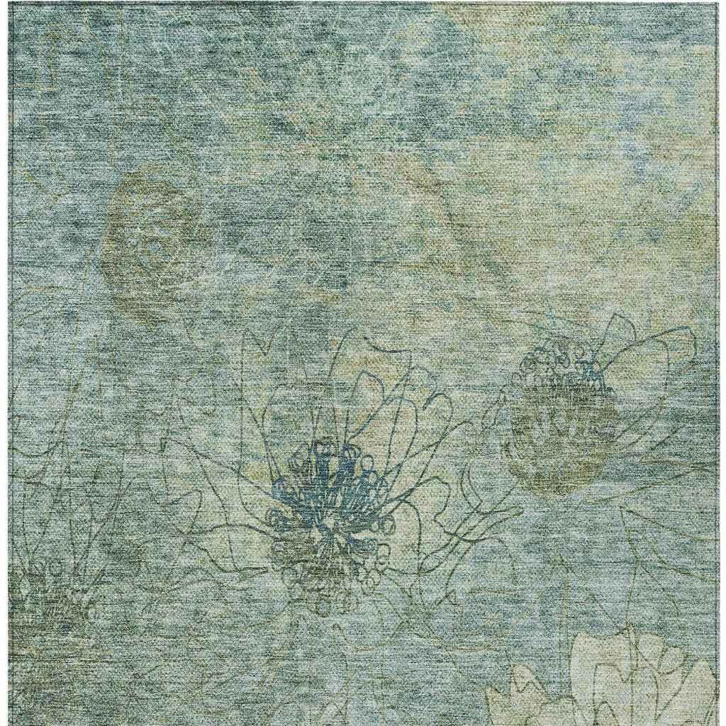 8' X 10' Pale Aqua And Wheat Floral Washable Indoor Outdoor Area Rug