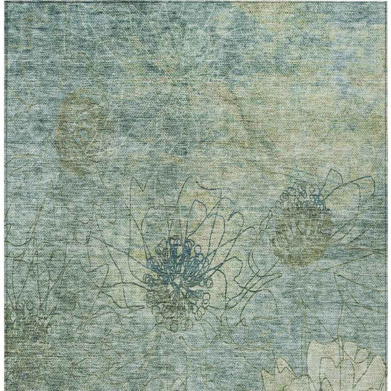 8' X 10' Pale Aqua And Wheat Floral Washable Indoor Outdoor Area Rug
