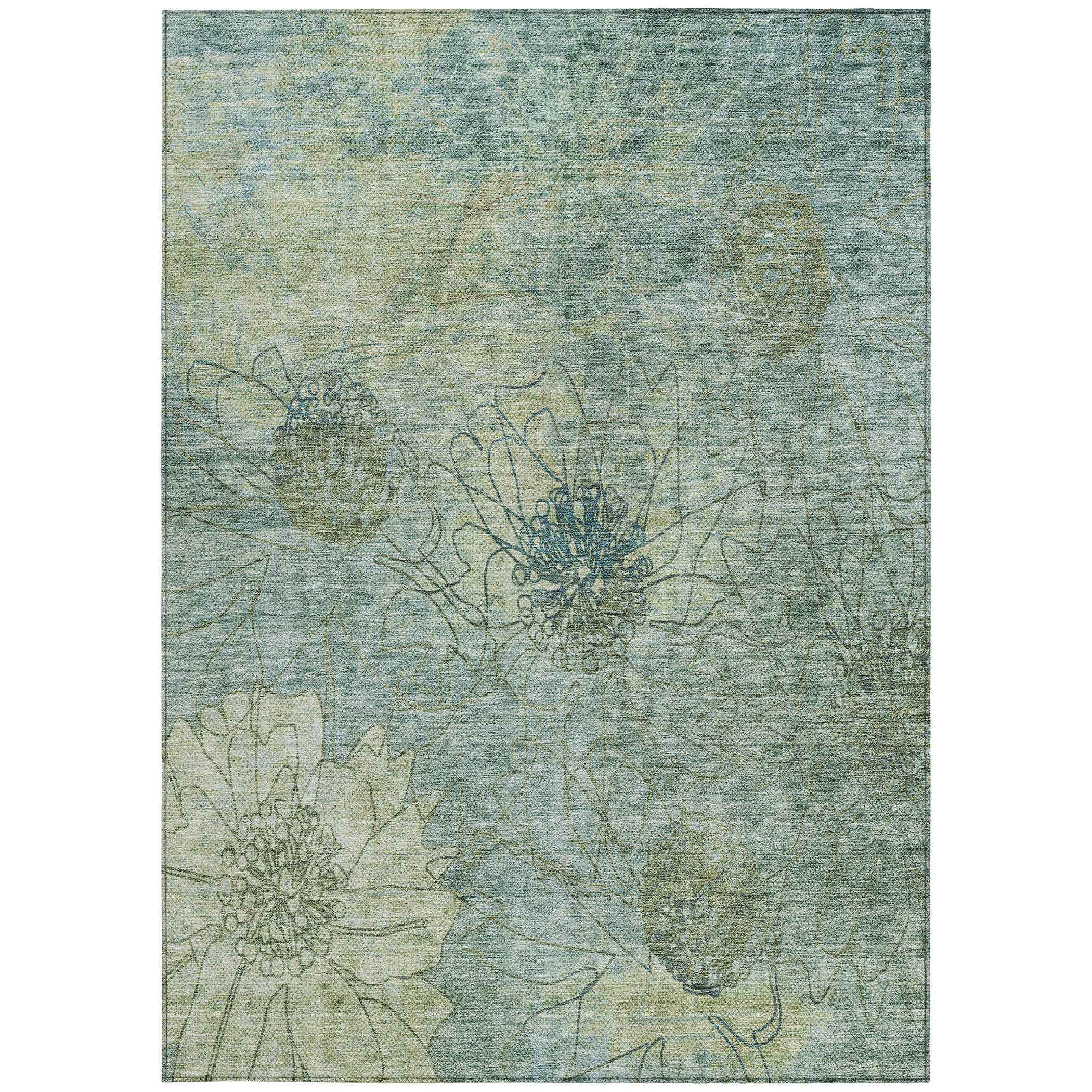 8' X 10' Pale Aqua And Wheat Floral Washable Indoor Outdoor Area Rug