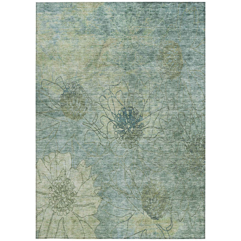 8' X 10' Pale Aqua And Wheat Floral Washable Indoor Outdoor Area Rug