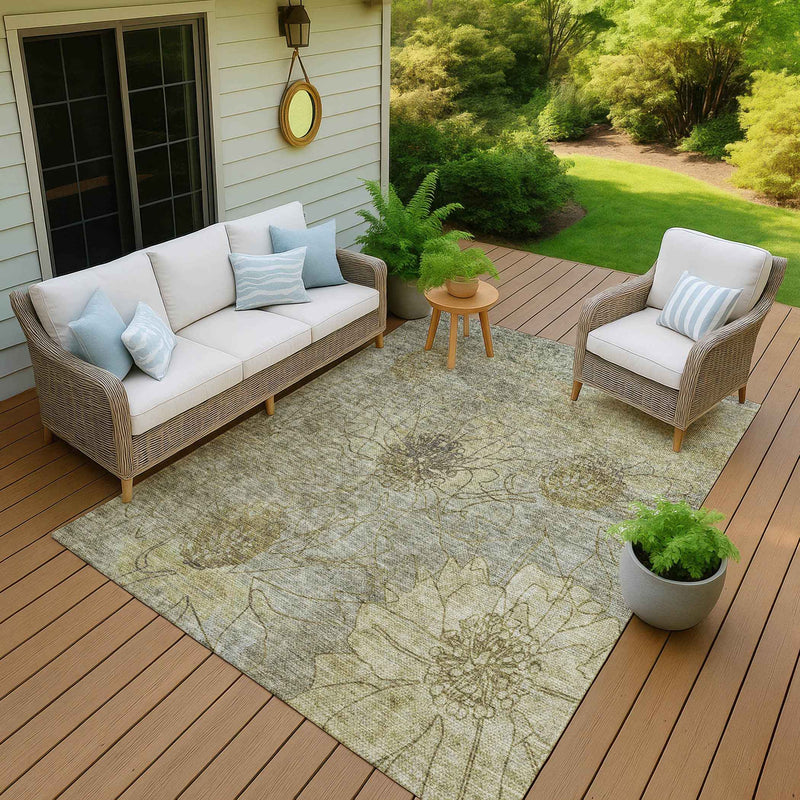 8' X 10' Taupe And Wheat Floral Washable Indoor Outdoor Area Rug