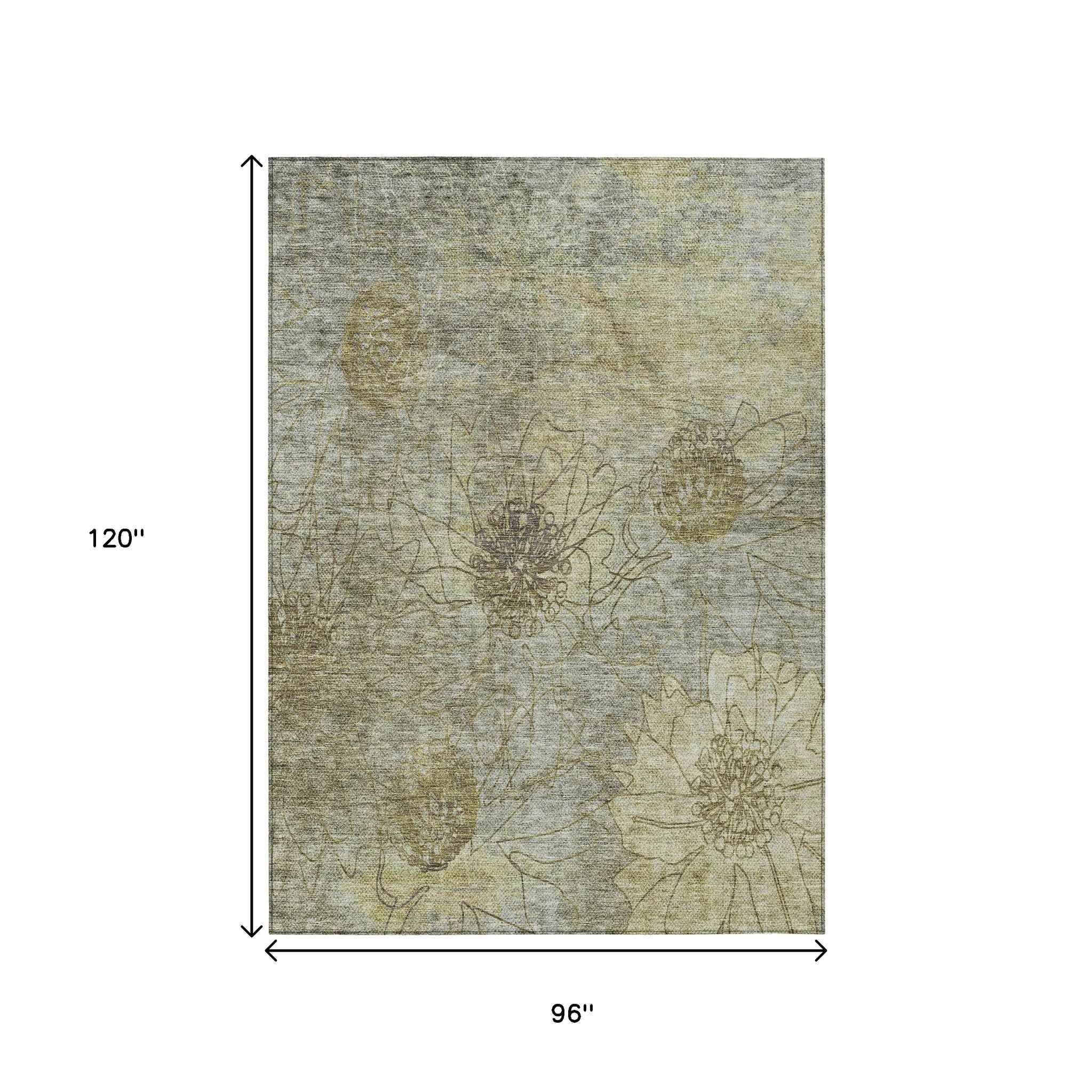8' X 10' Taupe And Wheat Floral Washable Indoor Outdoor Area Rug