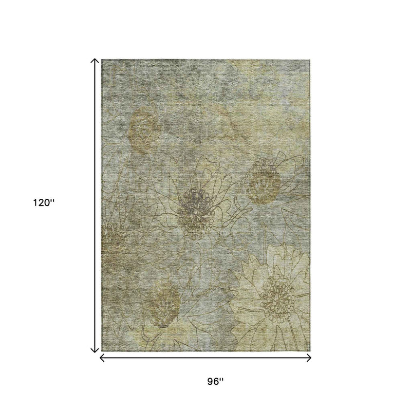 8' X 10' Taupe And Wheat Floral Washable Indoor Outdoor Area Rug