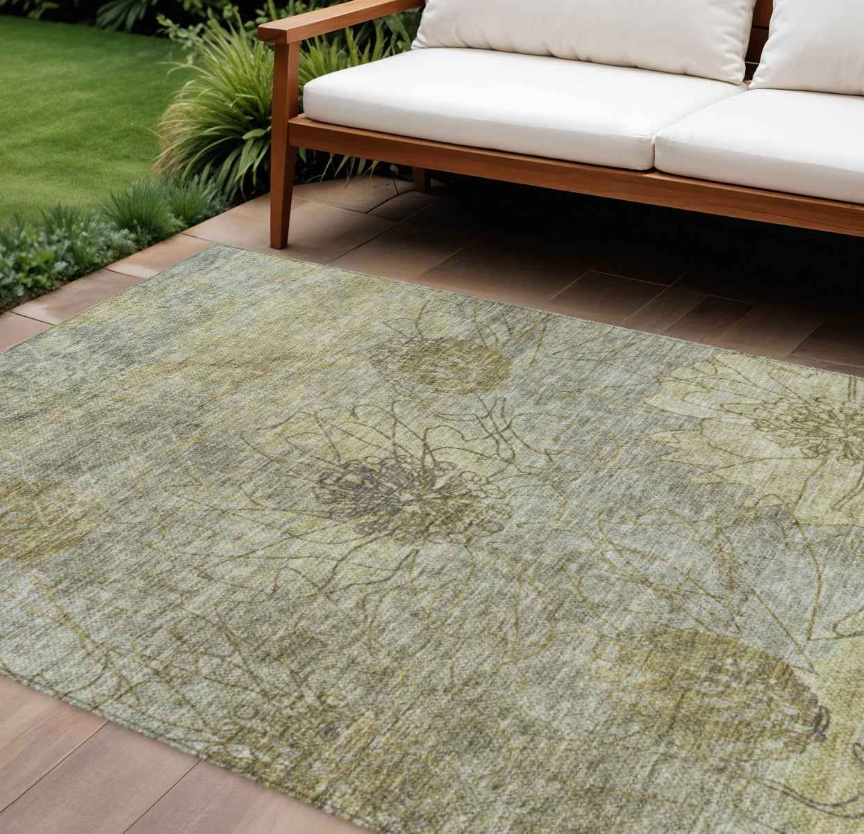 8' X 10' Taupe And Wheat Floral Washable Indoor Outdoor Area Rug