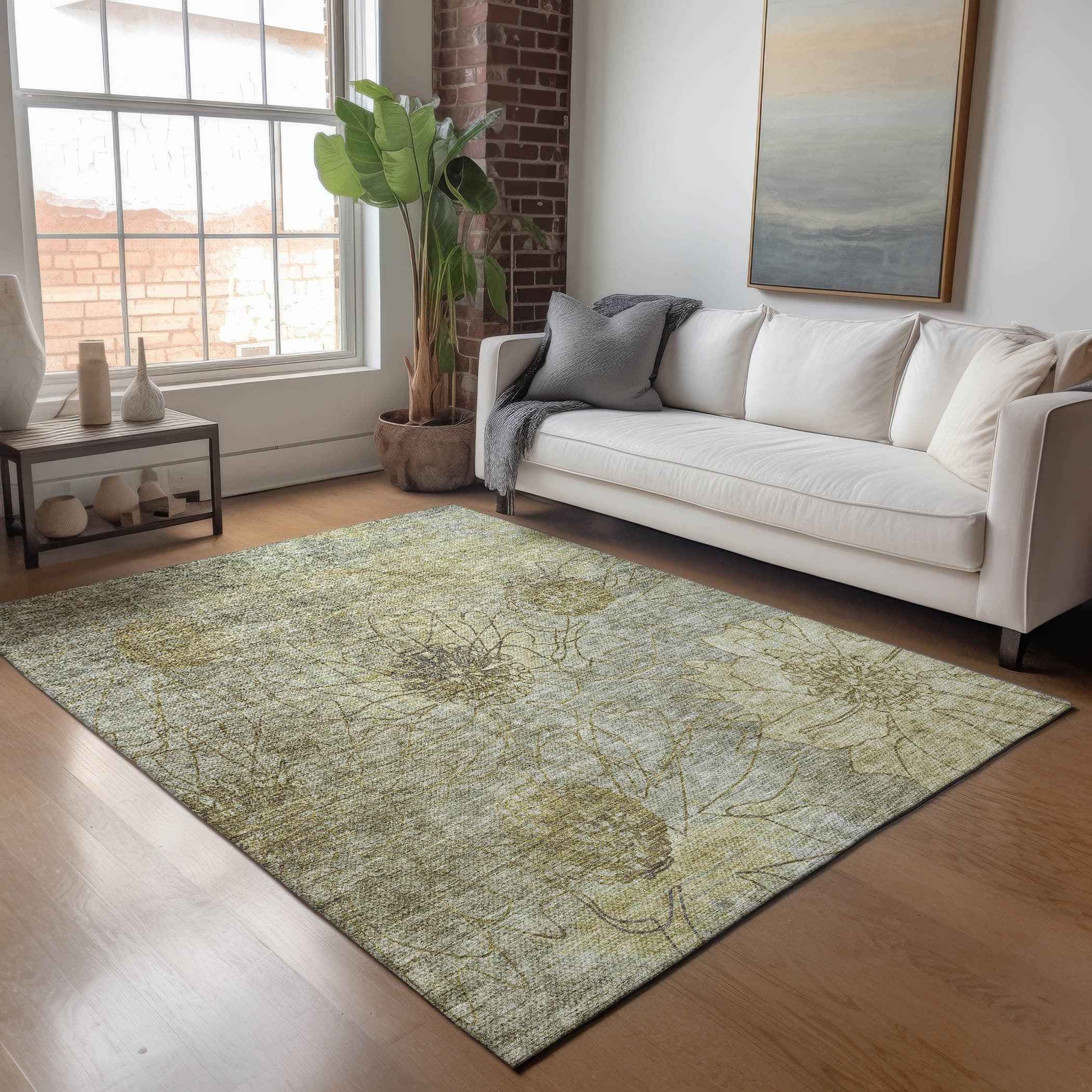 8' X 10' Taupe And Wheat Floral Washable Indoor Outdoor Area Rug